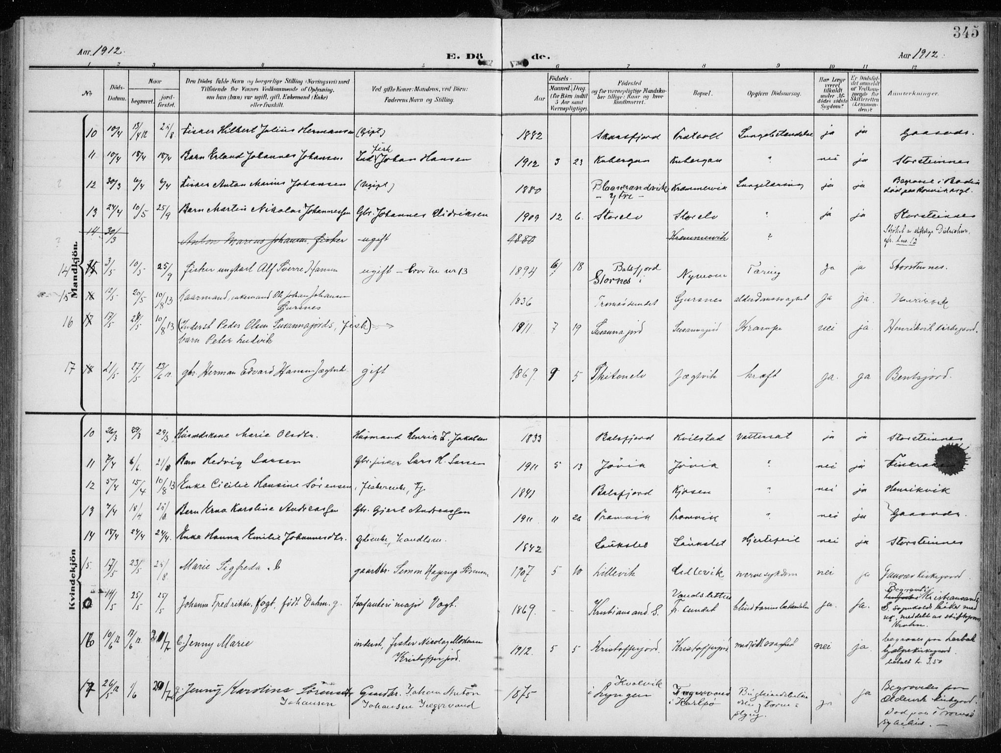 Tromsøysund sokneprestkontor, AV/SATØ-S-1304/G/Ga/L0007kirke: Parish register (official) no. 7, 1907-1914, p. 345