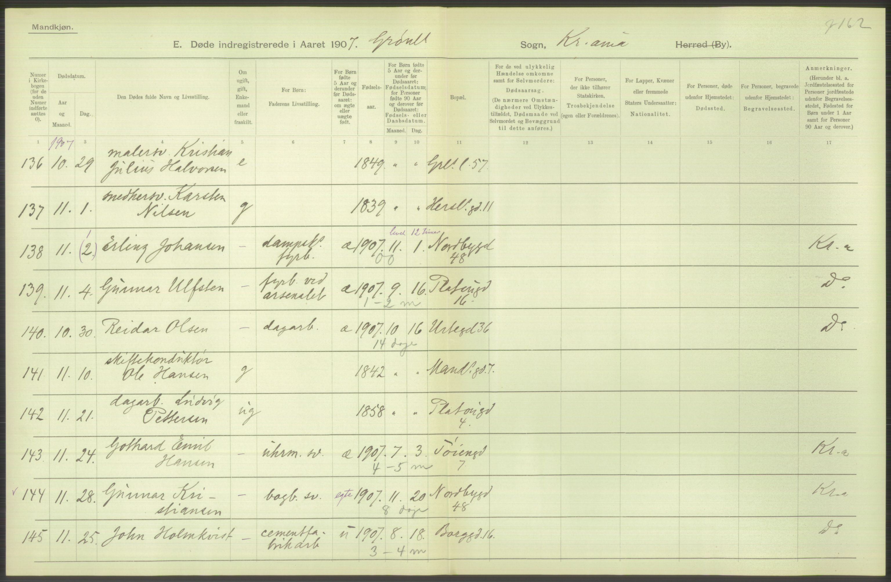 Statistisk sentralbyrå, Sosiodemografiske emner, Befolkning, AV/RA-S-2228/D/Df/Dfa/Dfae/L0010: Kristiania: Døde, dødfødte, 1907, p. 336