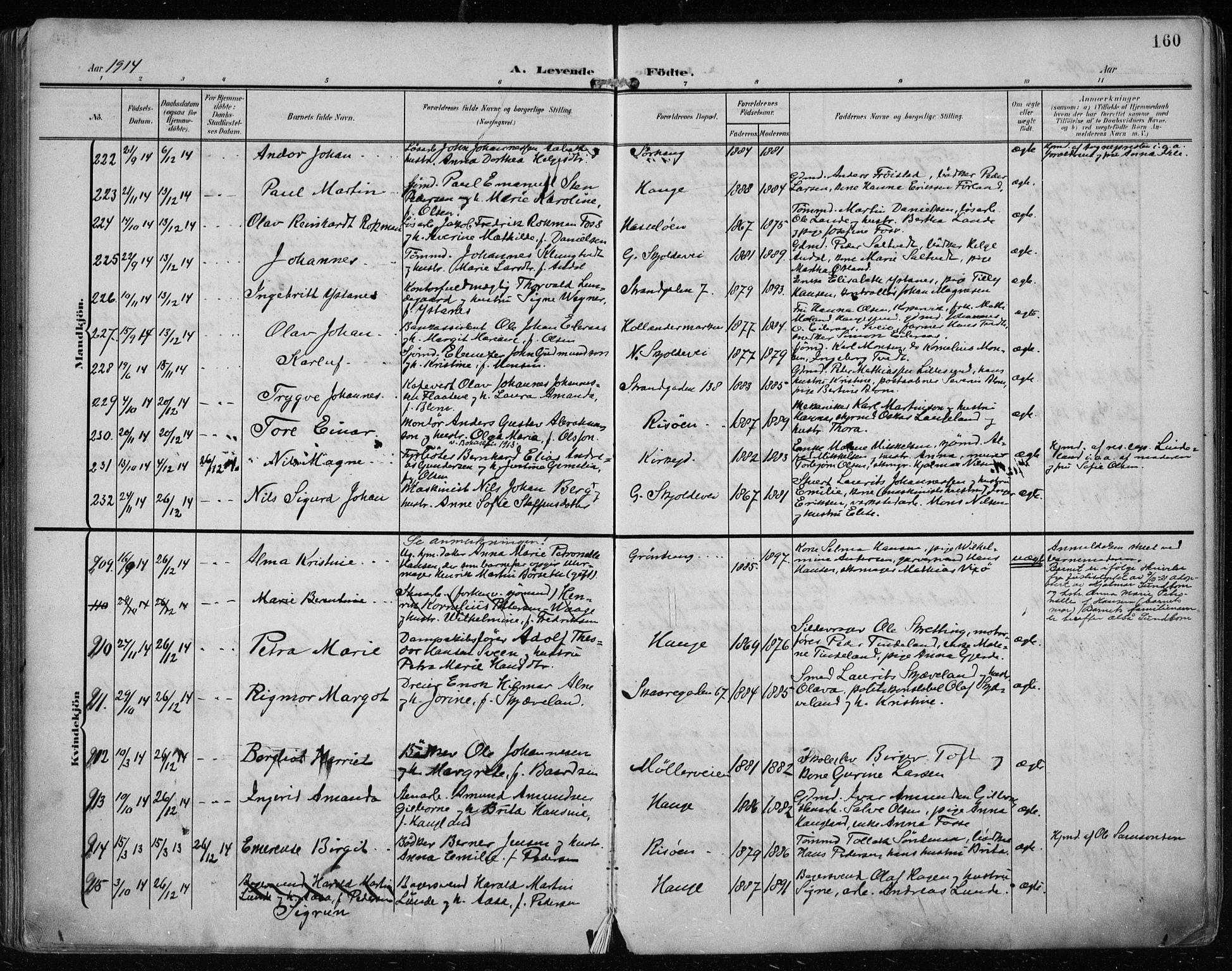 Haugesund sokneprestkontor, AV/SAST-A -101863/H/Ha/Haa/L0008: Parish register (official) no. A 8, 1908-1921, p. 160