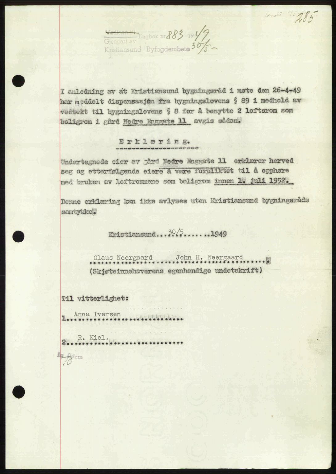 Kristiansund byfogd, AV/SAT-A-4587/A/27: Mortgage book no. 45, 1948-1949, Diary no: : 883/1949