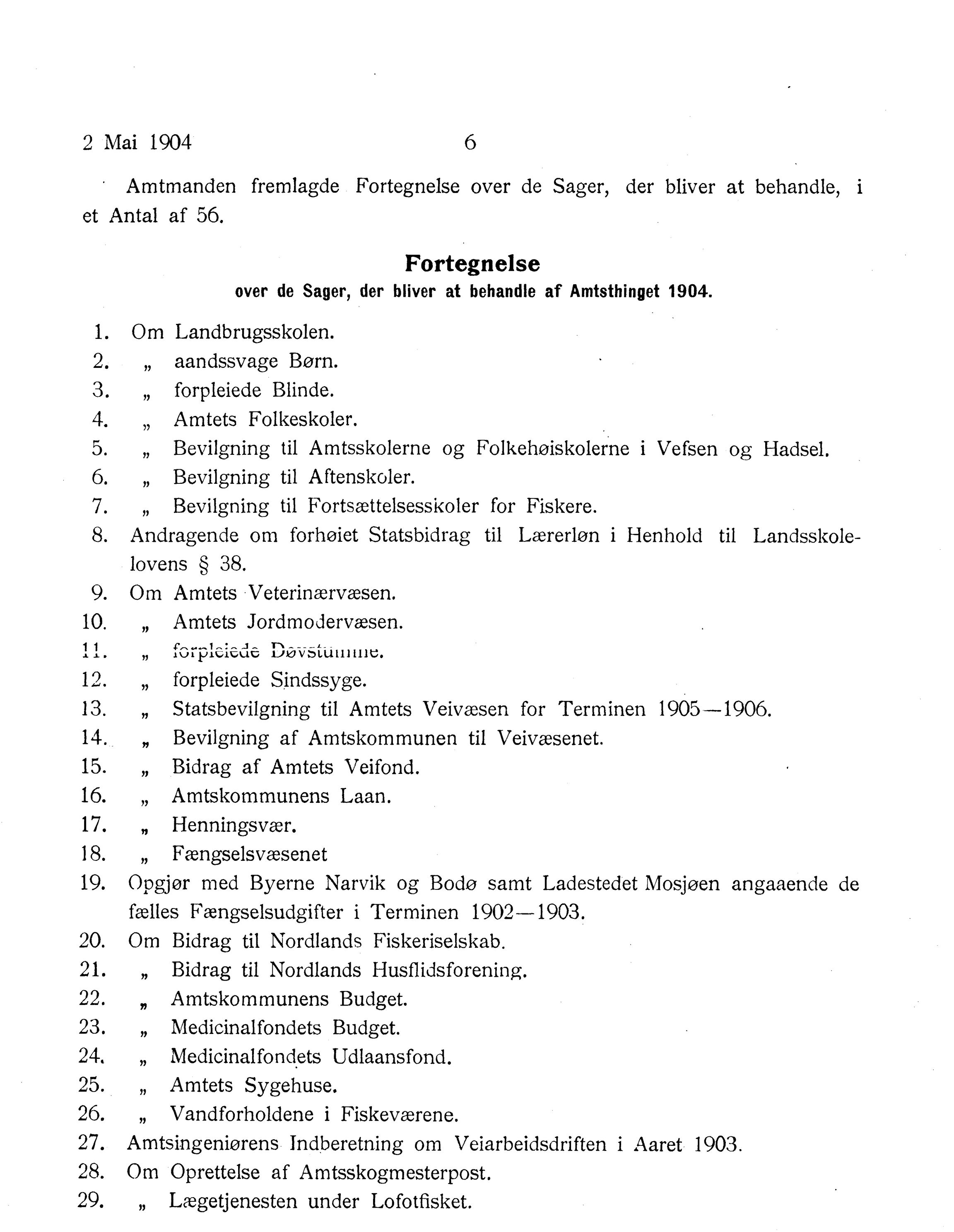 Nordland Fylkeskommune. Fylkestinget, AIN/NFK-17/176/A/Ac/L0027: Fylkestingsforhandlinger 1904, 1904, p. 6