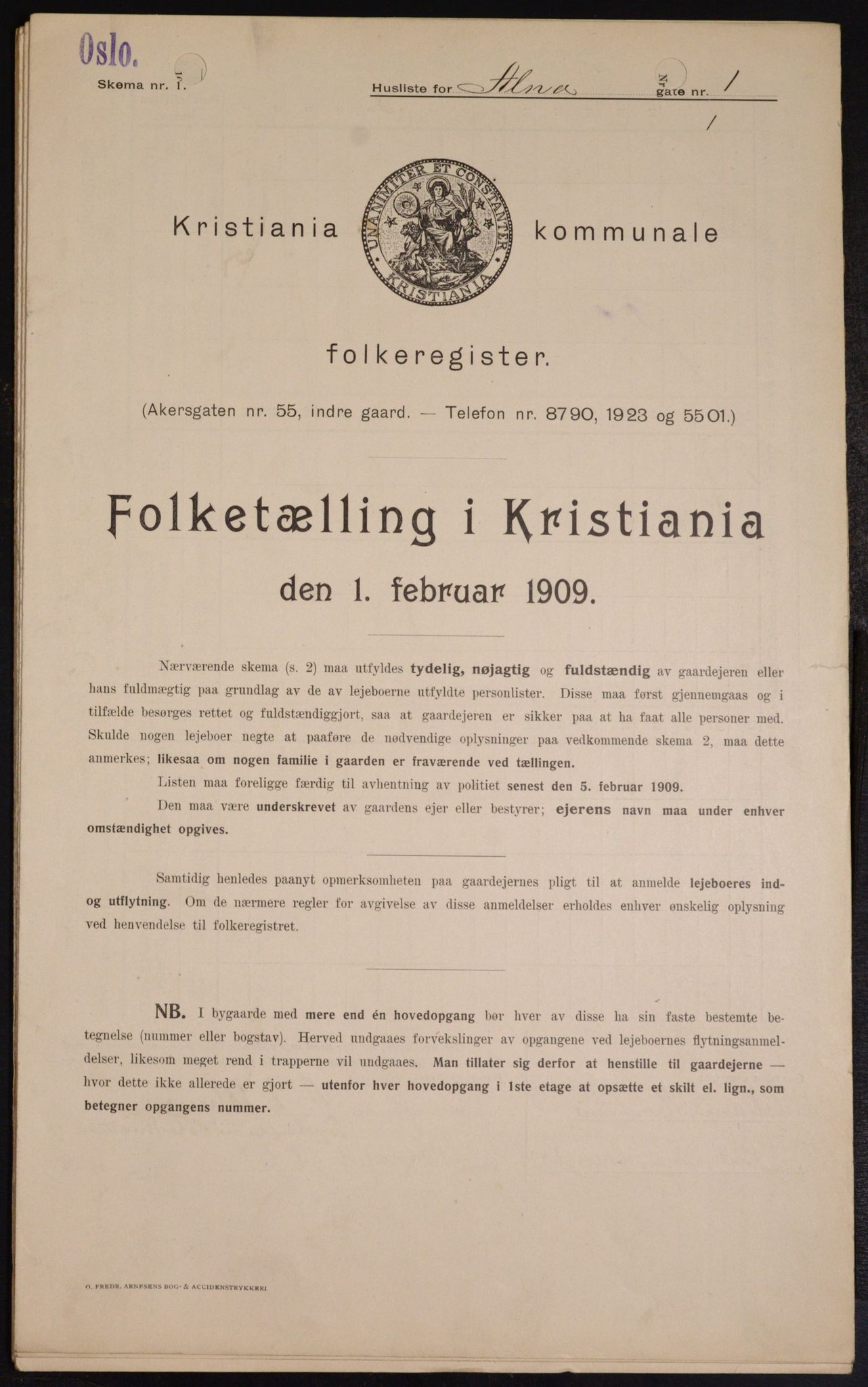 OBA, Municipal Census 1909 for Kristiania, 1909, p. 1155