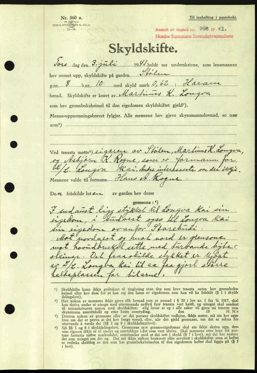 Nordre Sunnmøre sorenskriveri, AV/SAT-A-0006/1/2/2C/2Ca: Mortgage book no. A11, 1941-1941, Diary no: : 998/1941