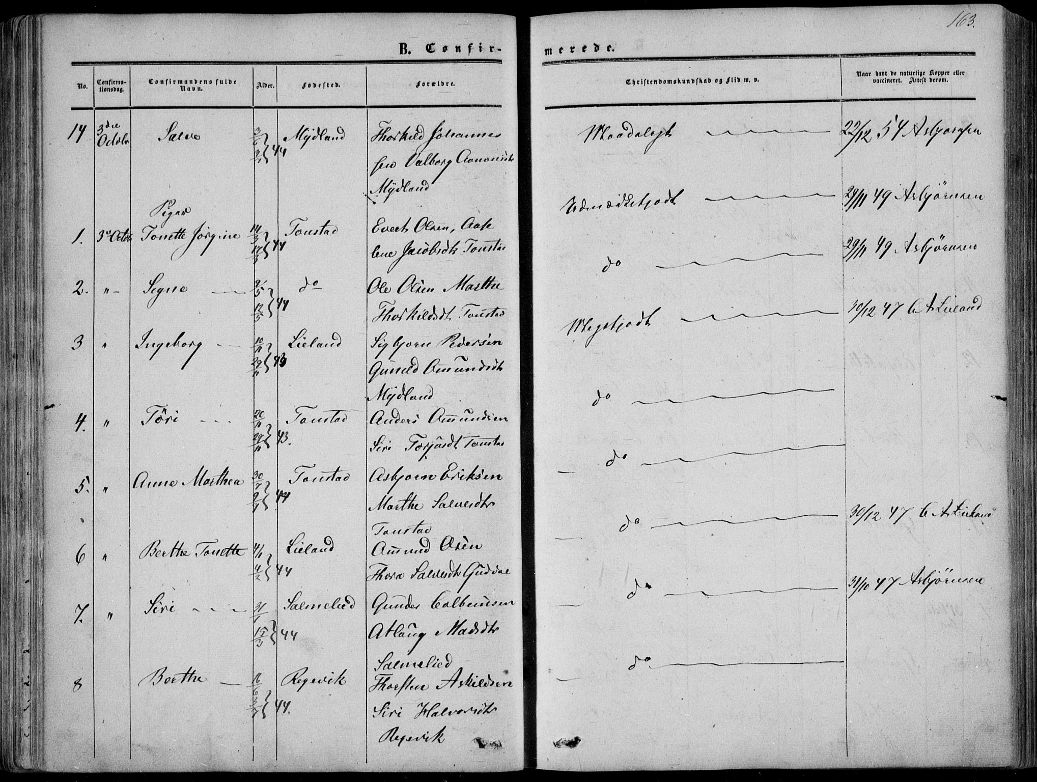 Sirdal sokneprestkontor, AV/SAK-1111-0036/F/Fa/Fab/L0002: Parish register (official) no. A 2, 1855-1874, p. 163