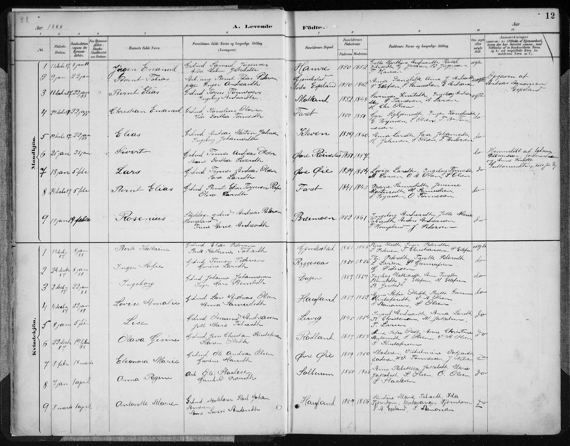 Kvinesdal sokneprestkontor, SAK/1111-0026/F/Fa/Fab/L0008: Parish register (official) no. A 8, 1886-1897, p. 12