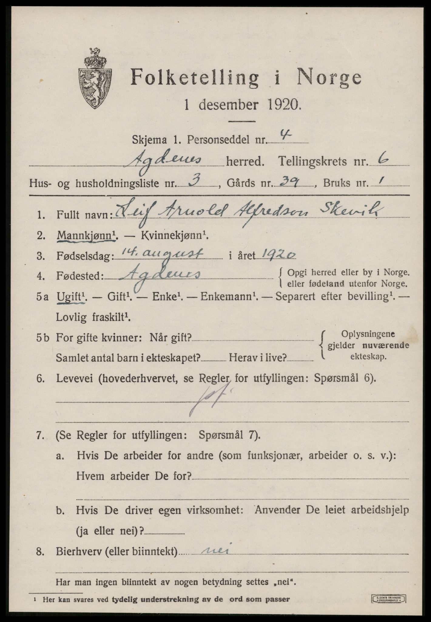 SAT, 1920 census for Agdenes, 1920, p. 2493