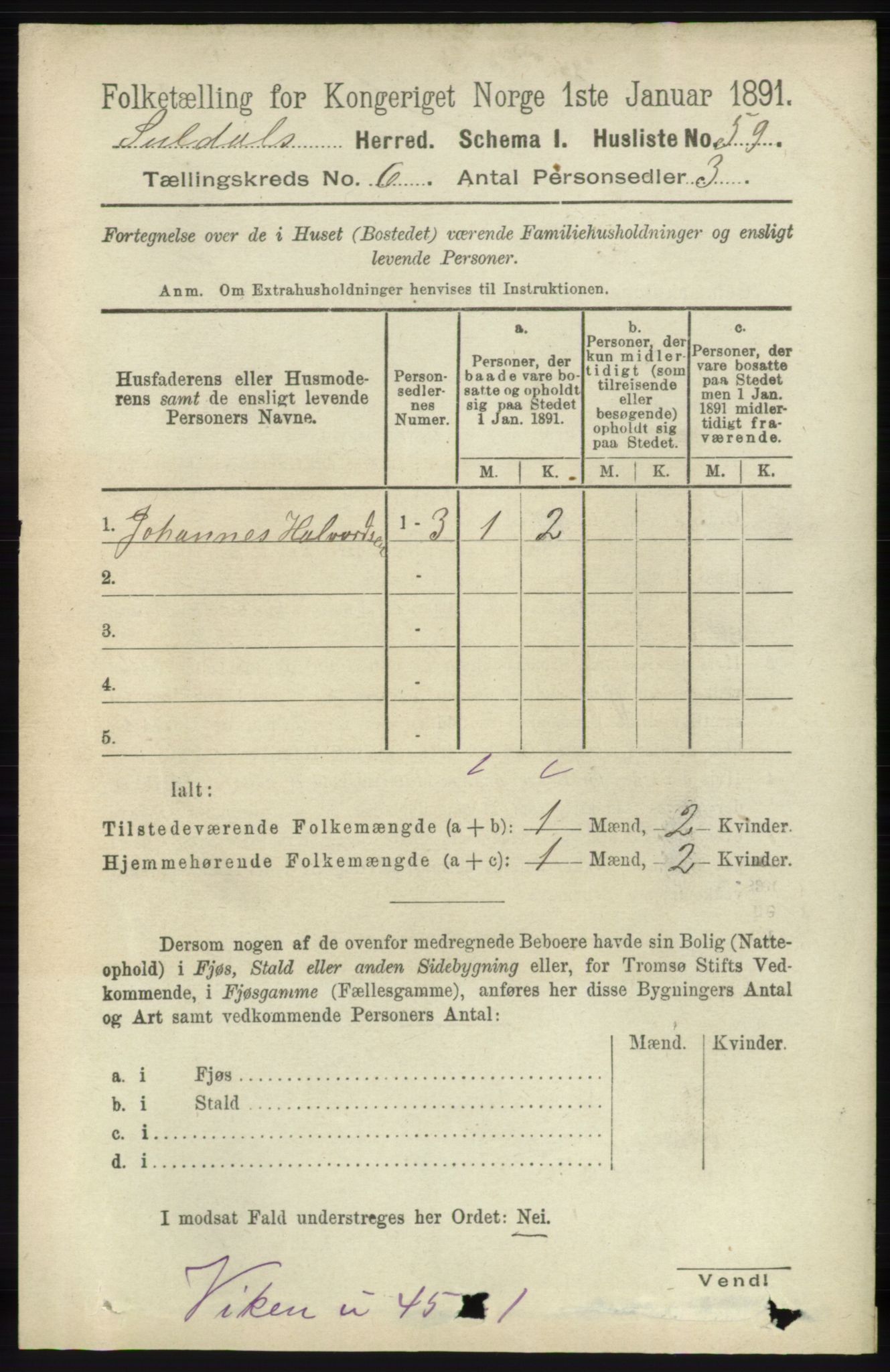 RA, 1891 census for 1134 Suldal, 1891, p. 1592