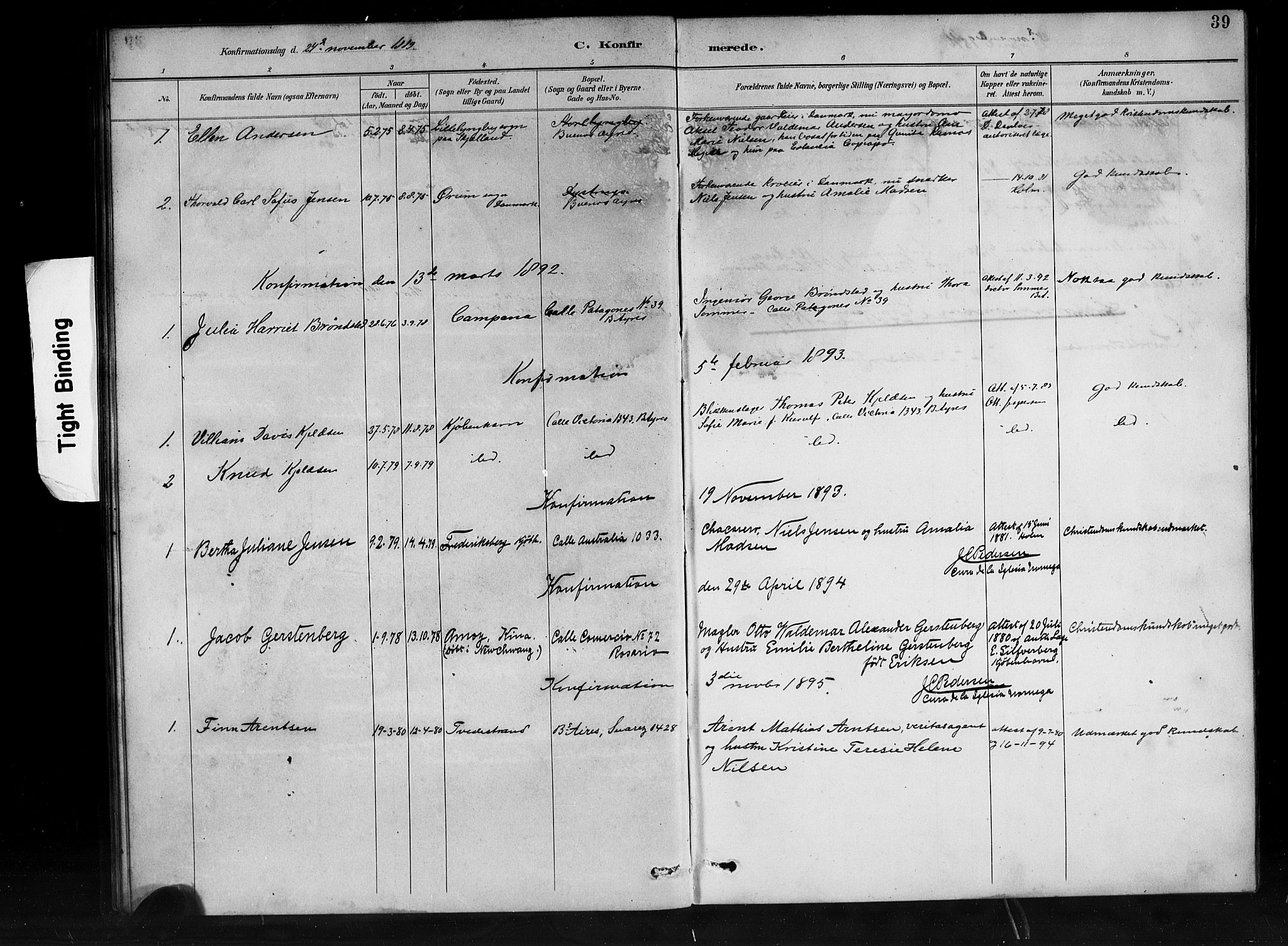 Den norske sjømannsmisjon i utlandet/Syd-Amerika (Buenos Aires m.fl.), SAB/SAB/PA-0118/H/Ha/L0001: Parish register (official) no. A 1, 1888-1898, p. 39