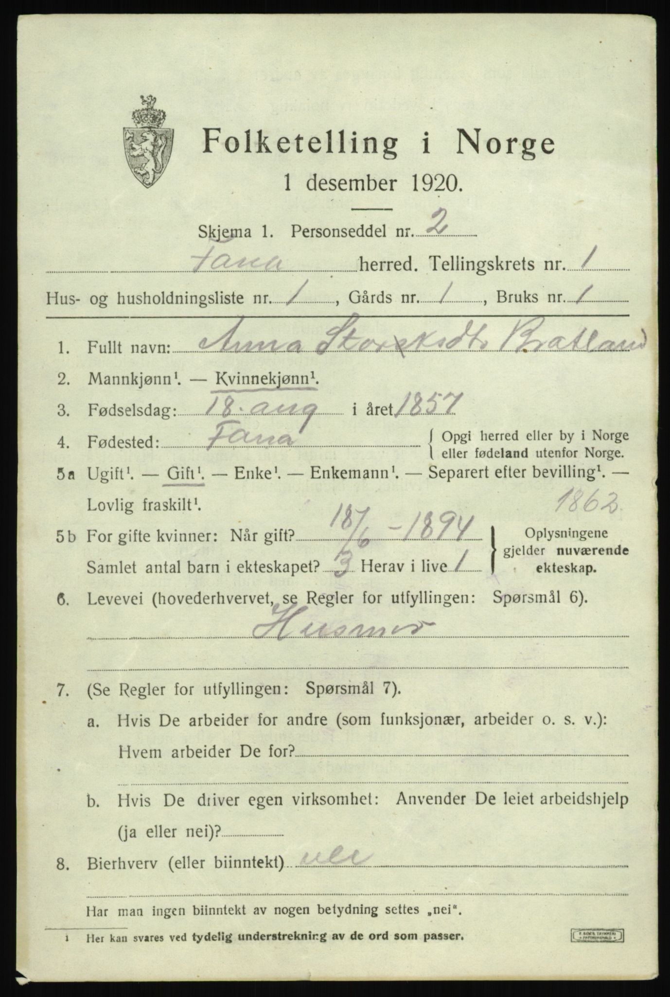 SAB, 1920 census for Fana, 1920, p. 3623