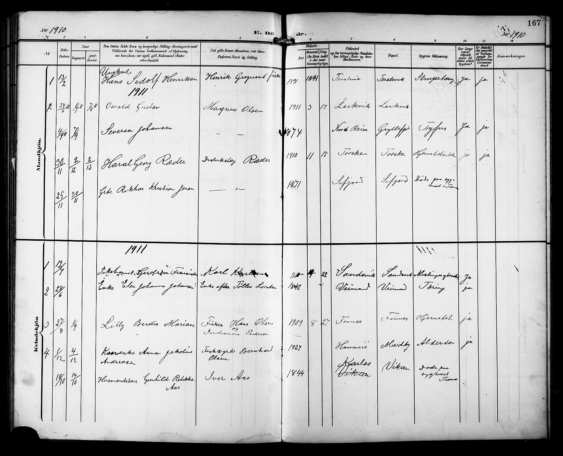 Berg sokneprestkontor, AV/SATØ-S-1318/G/Ga/Gab/L0013klokker: Parish register (copy) no. 13, 1902-1922, p. 167