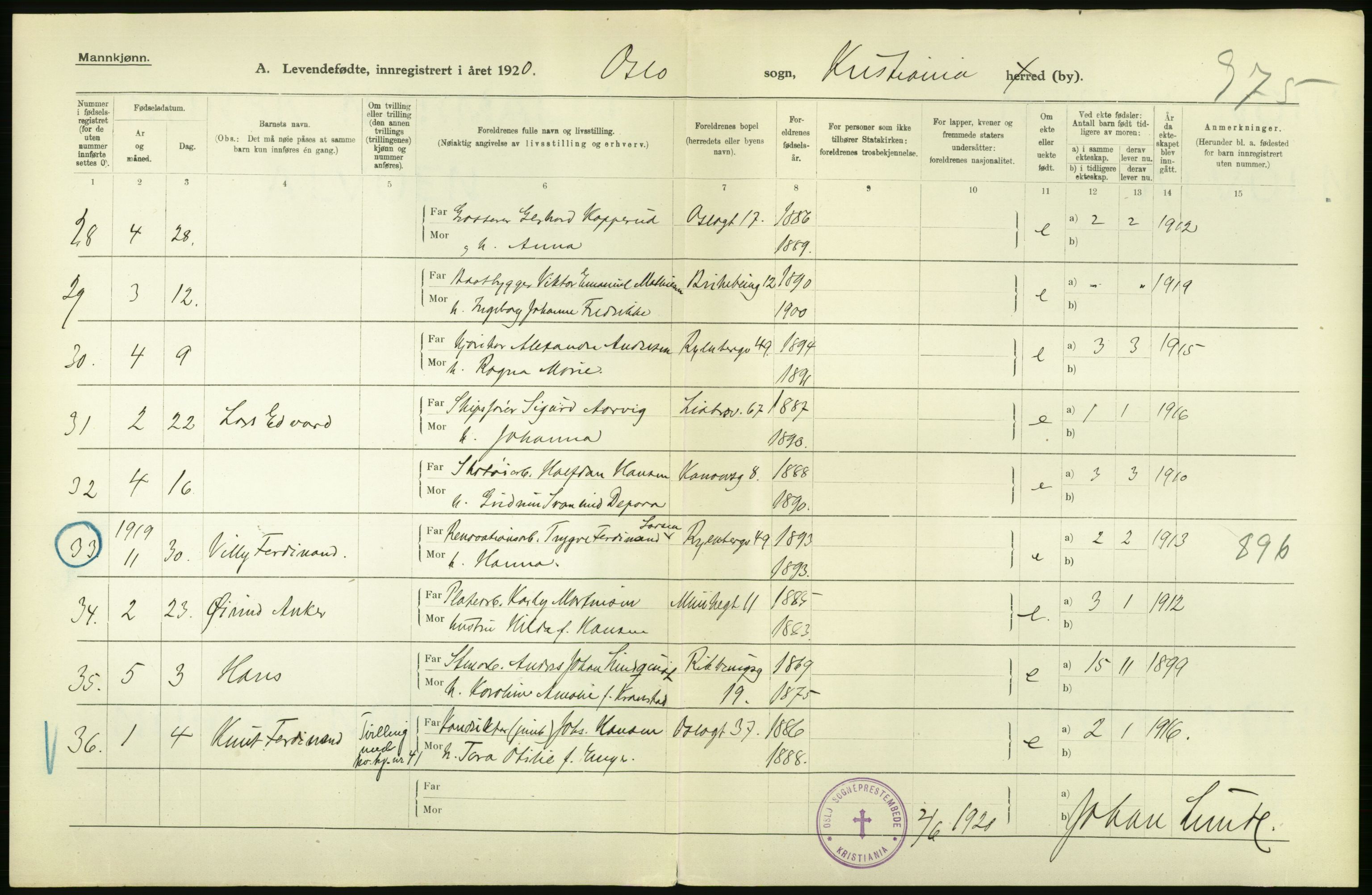 Statistisk sentralbyrå, Sosiodemografiske emner, Befolkning, AV/RA-S-2228/D/Df/Dfb/Dfbj/L0008: Kristiania: Levendefødte menn og kvinner., 1920, p. 10