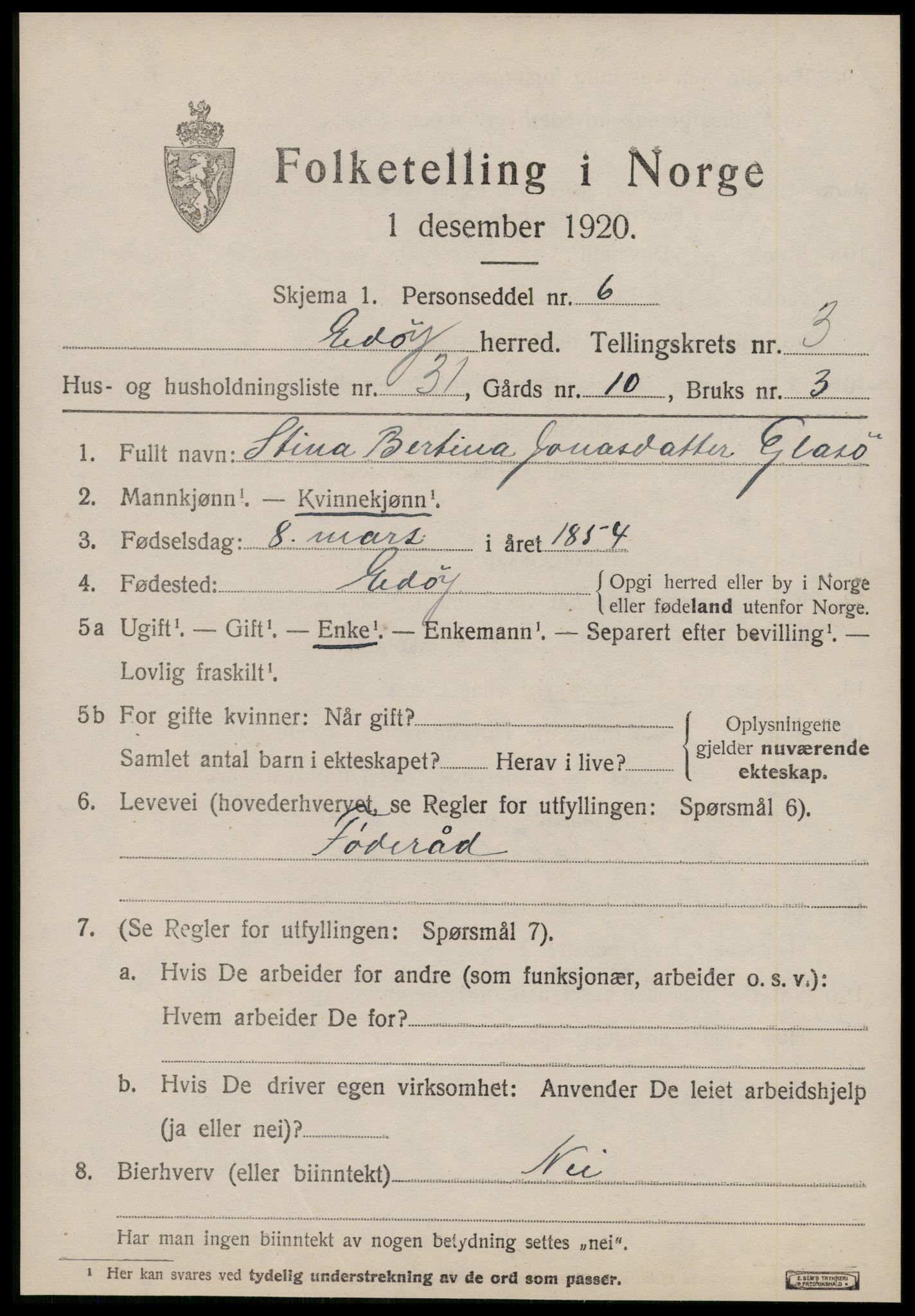 SAT, 1920 census for Edøy, 1920, p. 1306