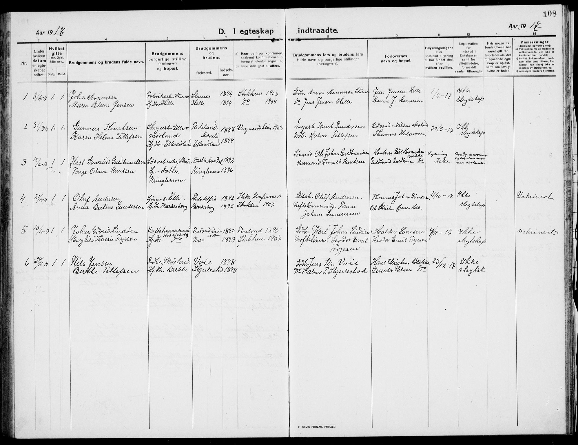 Austre Moland sokneprestkontor, AV/SAK-1111-0001/F/Fb/Fba/L0005: Parish register (copy) no. B 4b, 1914-1935, p. 108