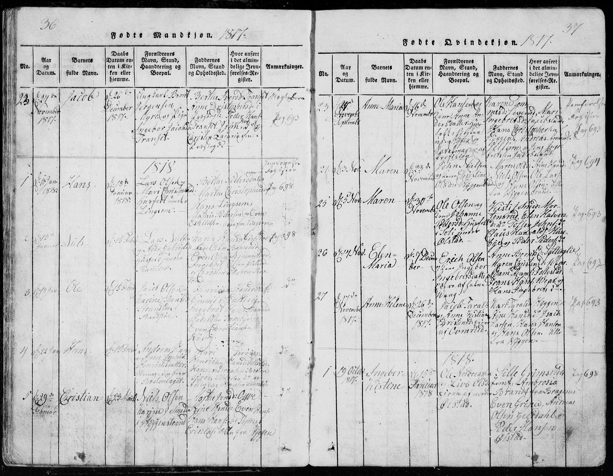 Røyken kirkebøker, SAKO/A-241/G/Ga/L0003: Parish register (copy) no. 3, 1814-1856, p. 36-37
