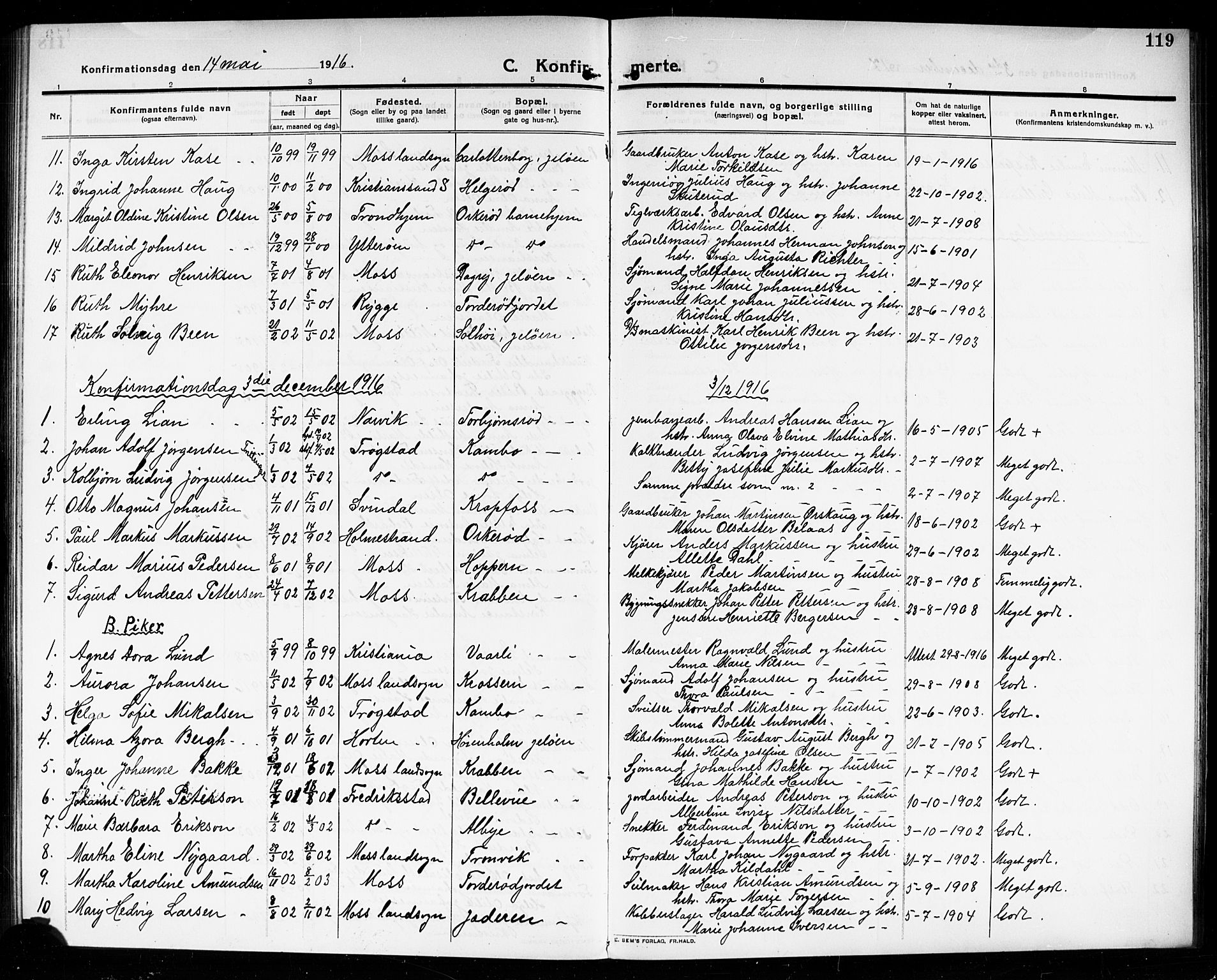 Moss prestekontor Kirkebøker, AV/SAO-A-2003/G/Gb/L0003: Parish register (copy) no. II 3, 1910-1919, p. 119