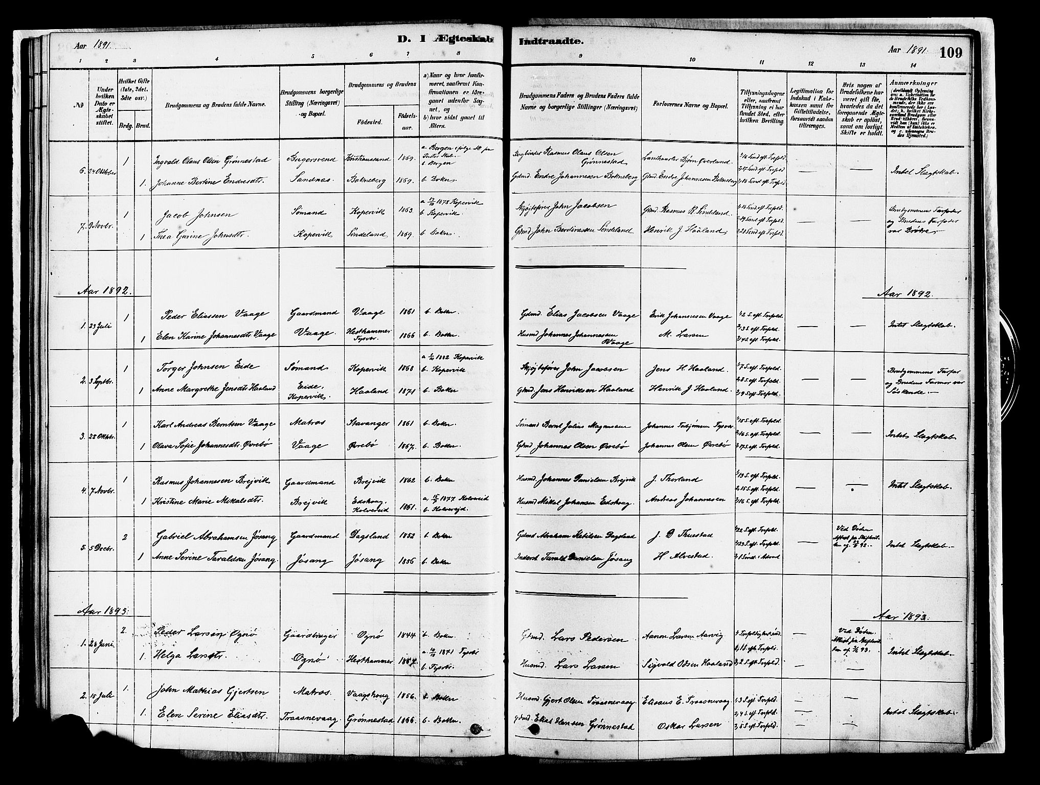 Tysvær sokneprestkontor, SAST/A -101864/H/Ha/Haa/L0007: Parish register (official) no. A 7, 1878-1897, p. 109