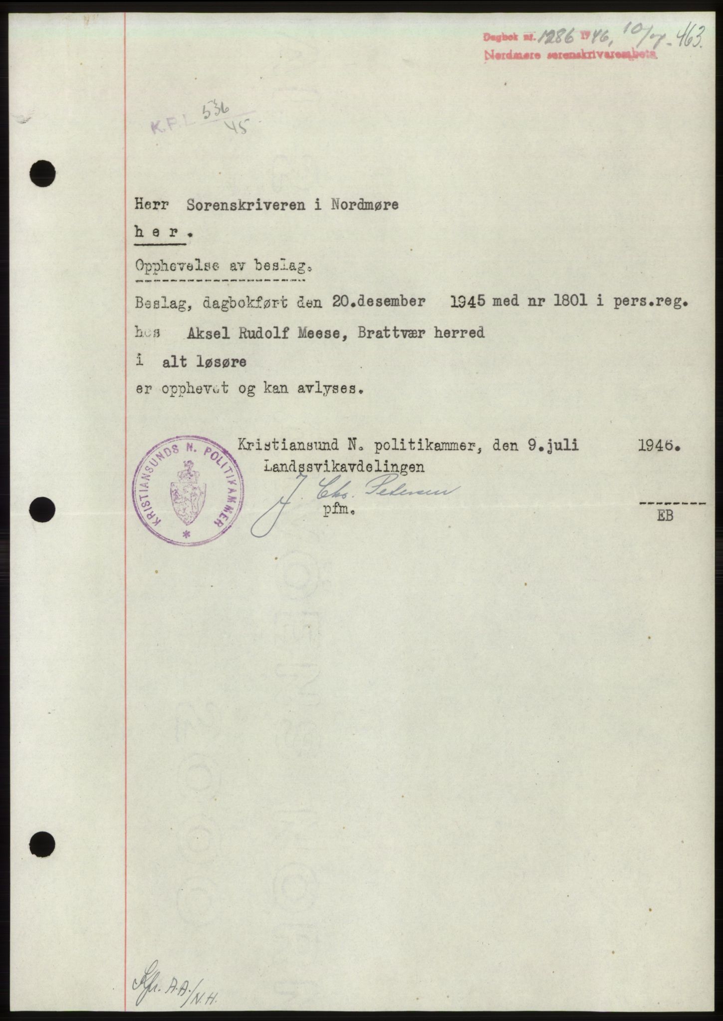 Nordmøre sorenskriveri, AV/SAT-A-4132/1/2/2Ca: Mortgage book no. B94, 1946-1946, Diary no: : 1286/1946