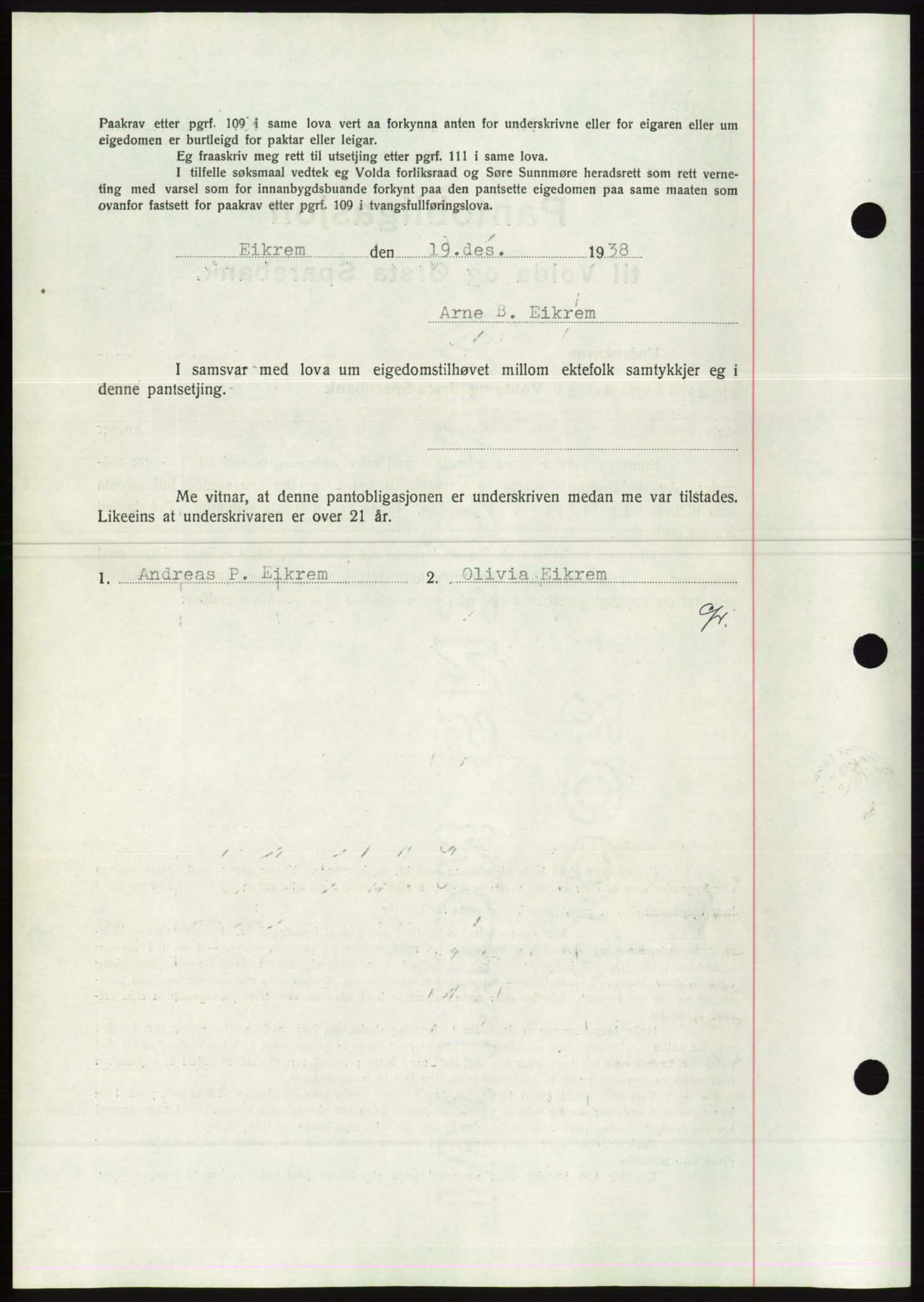 Søre Sunnmøre sorenskriveri, AV/SAT-A-4122/1/2/2C/L0067: Mortgage book no. 61, 1938-1939, Diary no: : 1784/1938