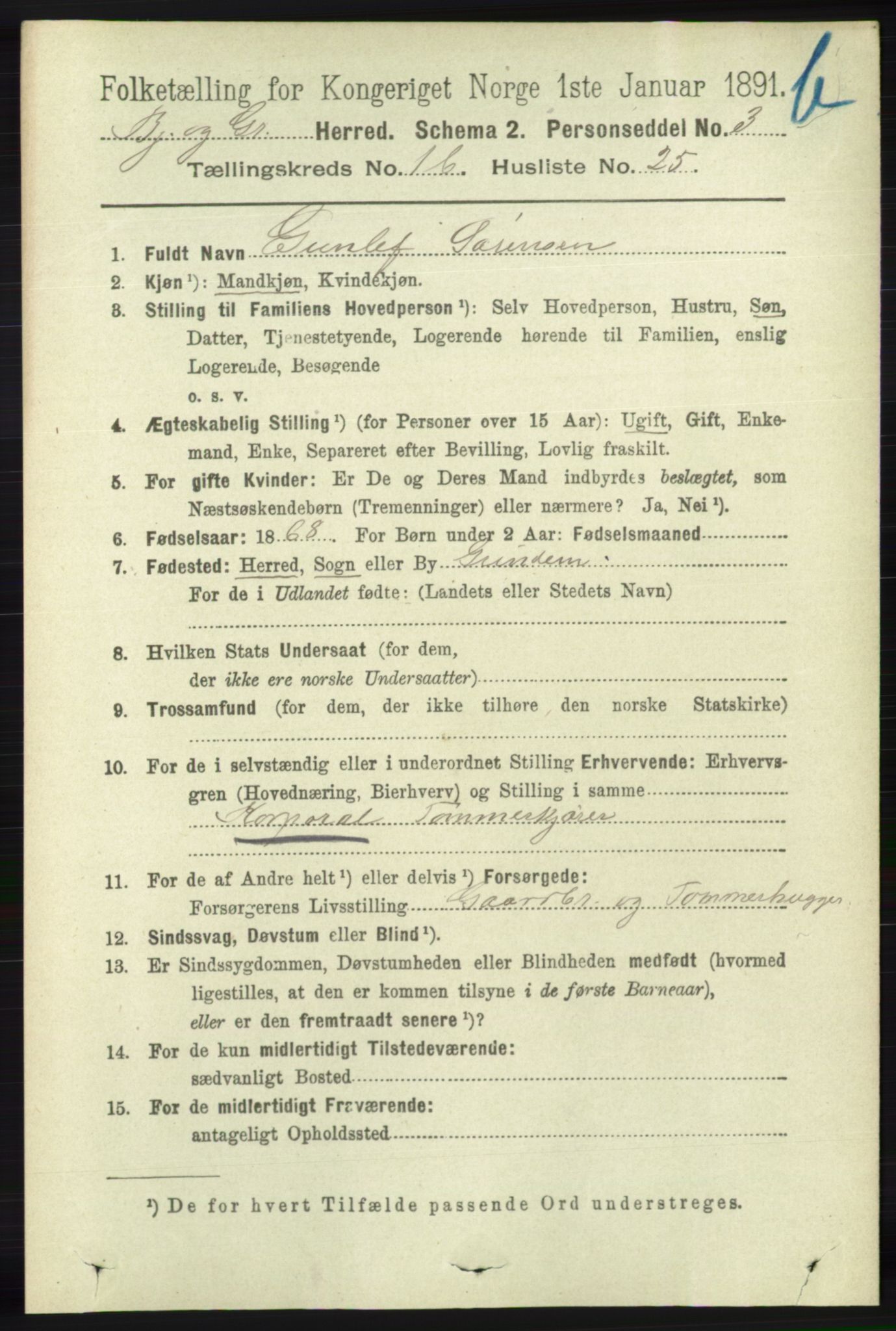 RA, 1891 census for 1024 Bjelland og Grindheim, 1891, p. 897