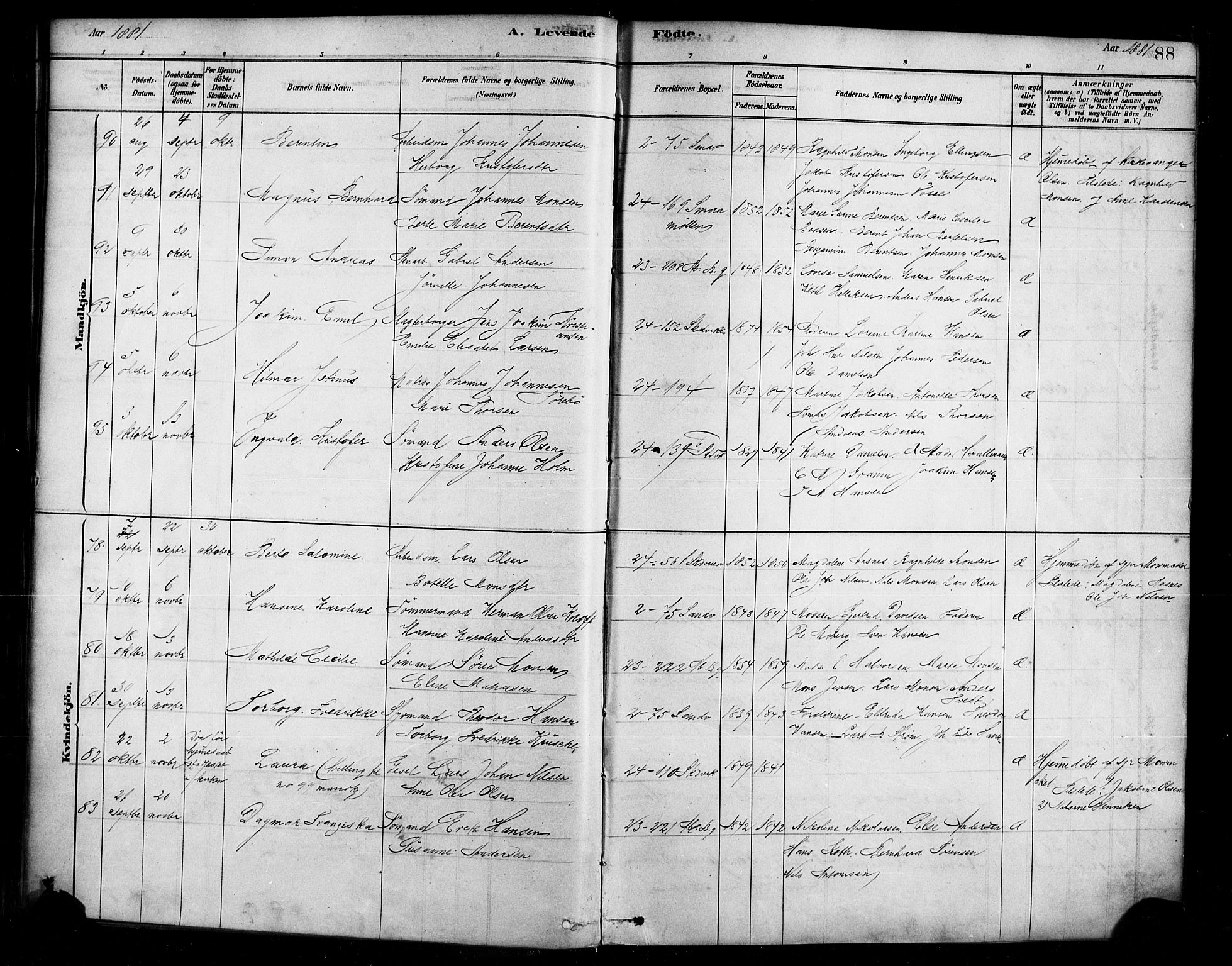 Sandviken Sokneprestembete, AV/SAB-A-77601/H/Ha/L0004: Parish register (official) no. B 1, 1878-1891, p. 88