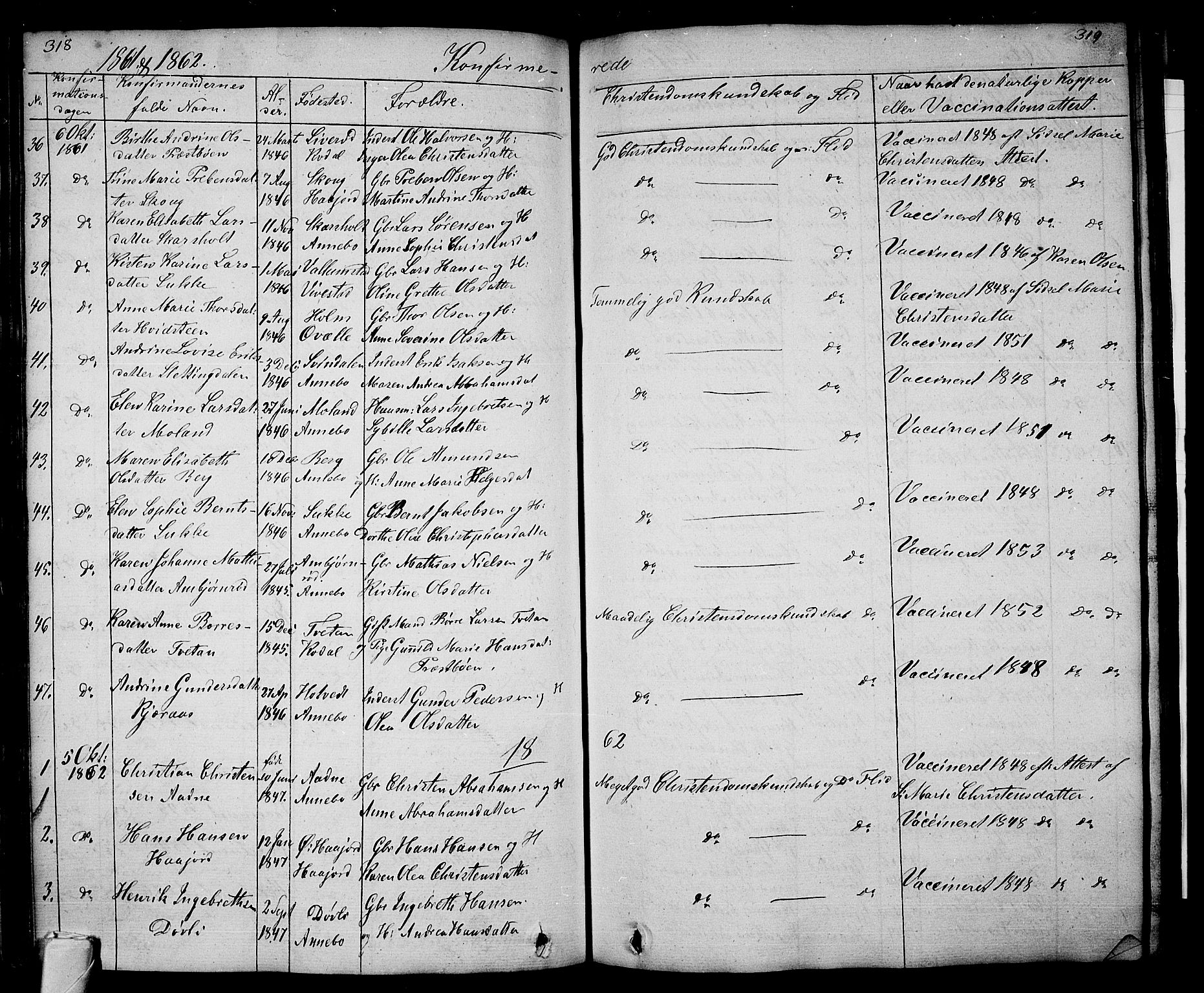 Andebu kirkebøker, AV/SAKO-A-336/G/Ga/L0003: Parish register (copy) no. I 3, 1832-1867, p. 318-319