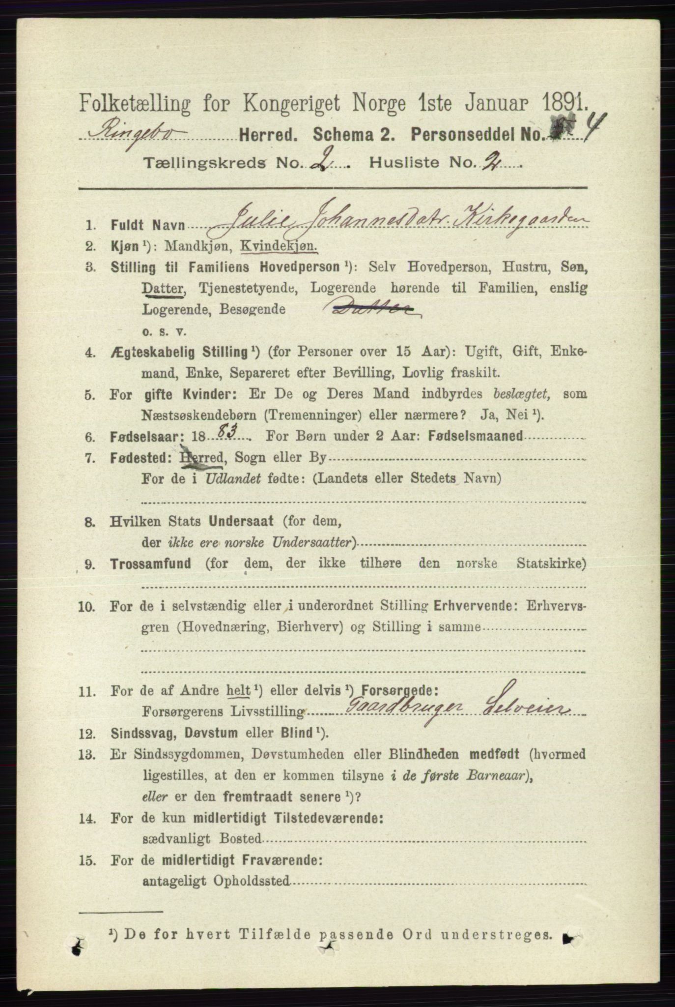 RA, 1891 census for 0520 Ringebu, 1891, p. 398