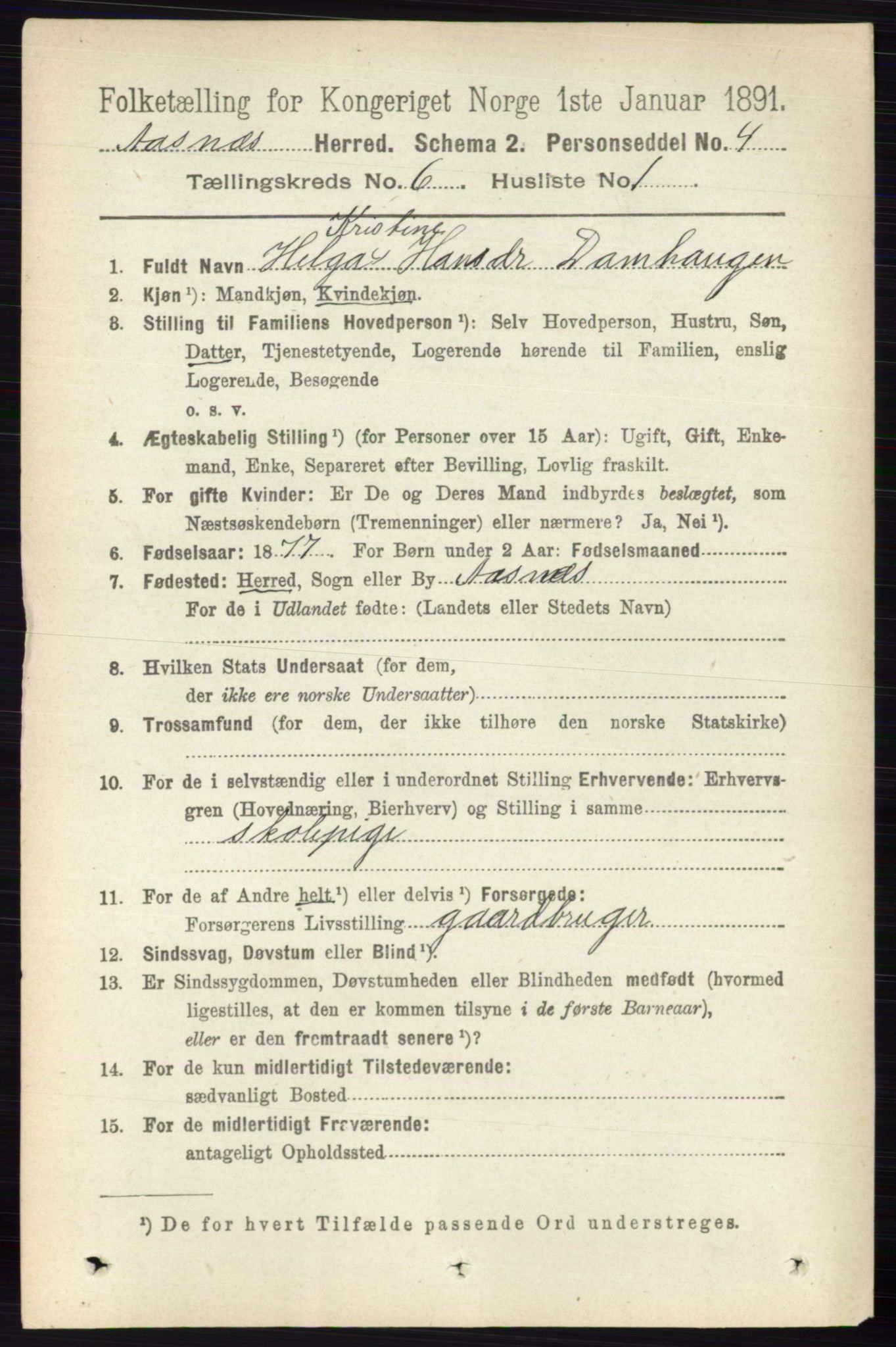 RA, 1891 census for 0425 Åsnes, 1891, p. 2796