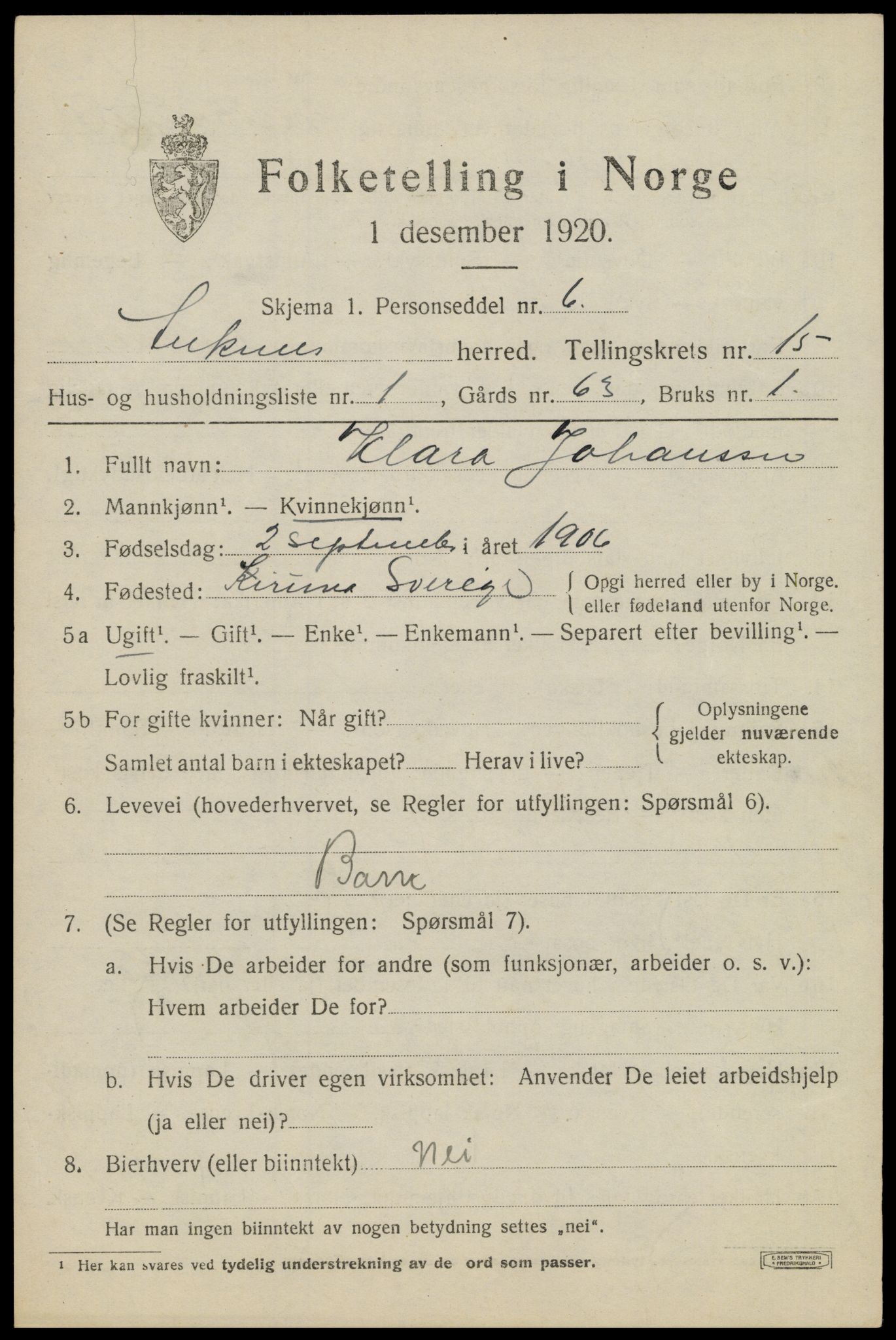 SAT, 1920 census for Ankenes, 1920, p. 7021