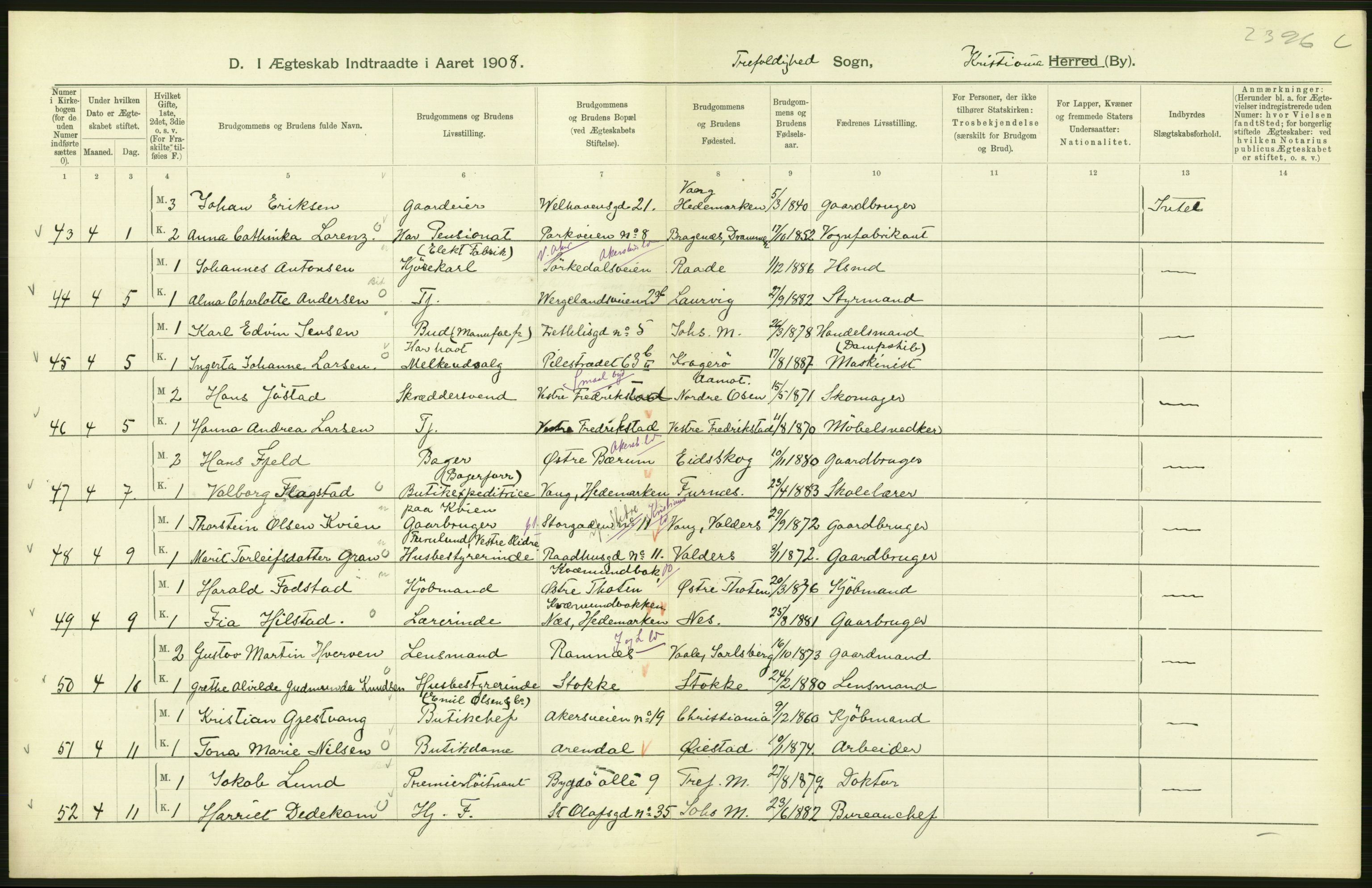 Statistisk sentralbyrå, Sosiodemografiske emner, Befolkning, AV/RA-S-2228/D/Df/Dfa/Dfaf/L0007: Kristiania: Gifte, 1908, p. 410