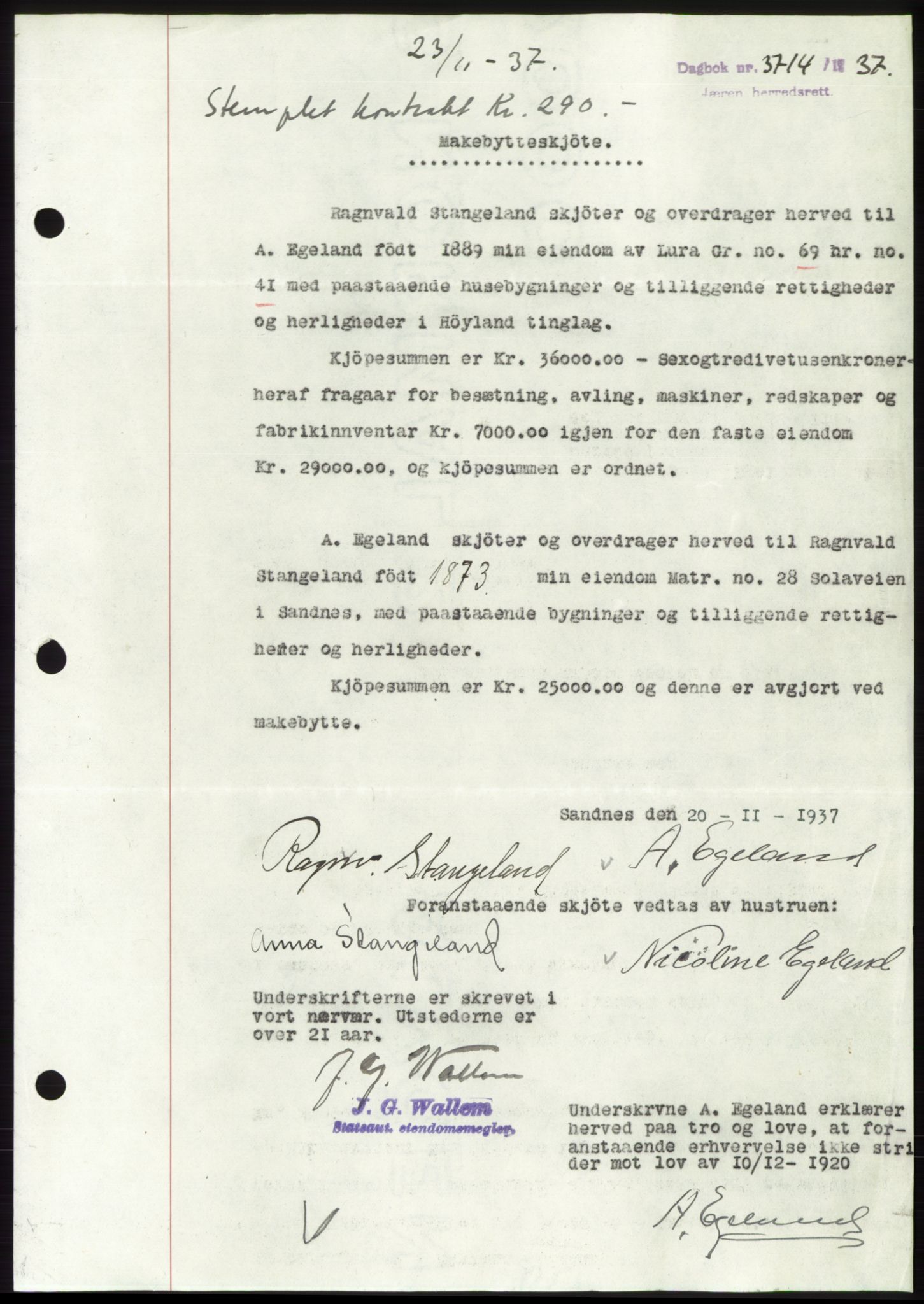 Jæren sorenskriveri, SAST/A-100310/03/G/Gba/L0069: Mortgage book, 1937-1937, Diary no: : 3714/1937
