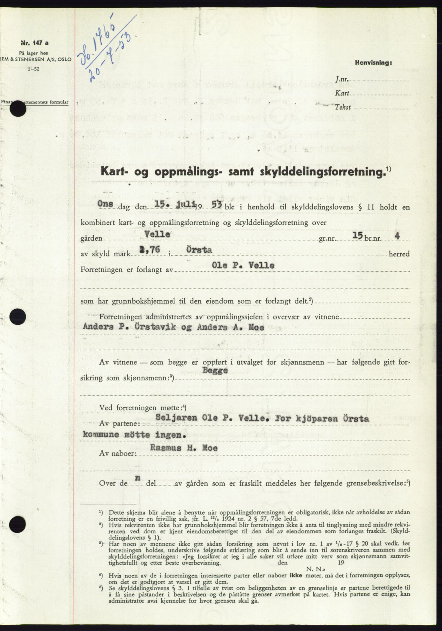 Søre Sunnmøre sorenskriveri, AV/SAT-A-4122/1/2/2C/L0095: Mortgage book no. 21A, 1953-1953, Diary no: : 1765/1953