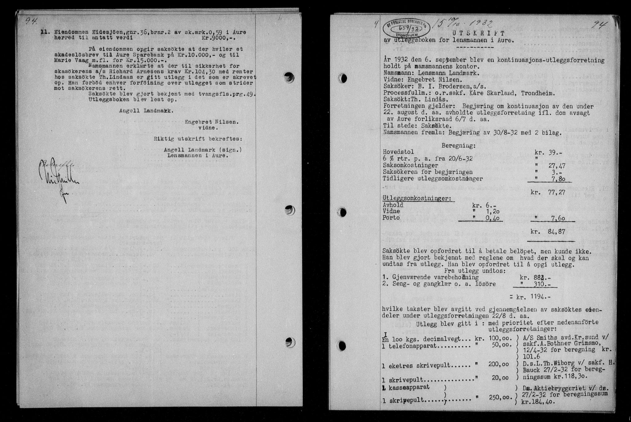 Nordmøre sorenskriveri, AV/SAT-A-4132/1/2/2Ca/L0076: Mortgage book no. 66, 1932-1933, Deed date: 10.10.1932