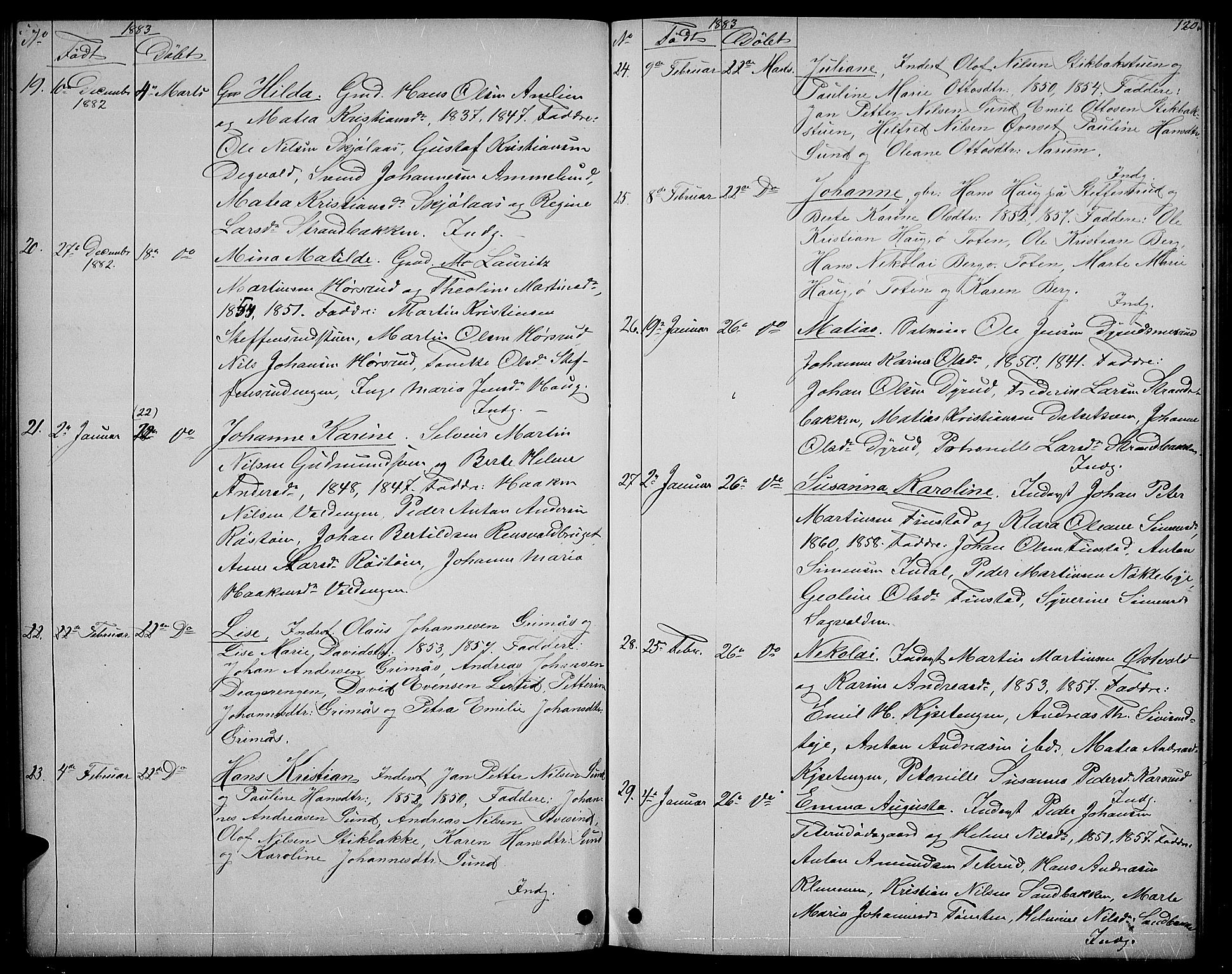 Vestre Toten prestekontor, AV/SAH-PREST-108/H/Ha/Hab/L0006: Parish register (copy) no. 6, 1870-1887, p. 120