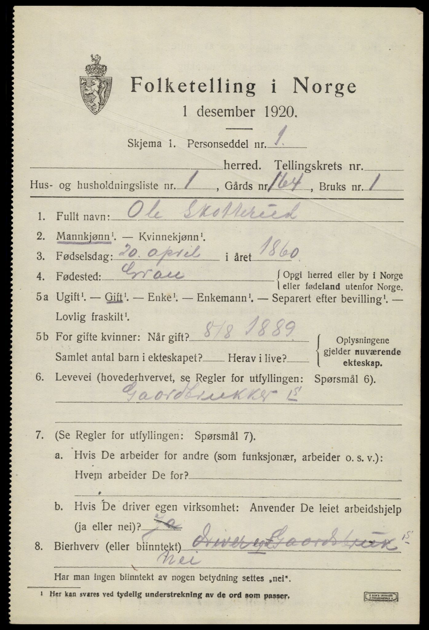 SAH, 1920 census for Gran, 1920, p. 3149