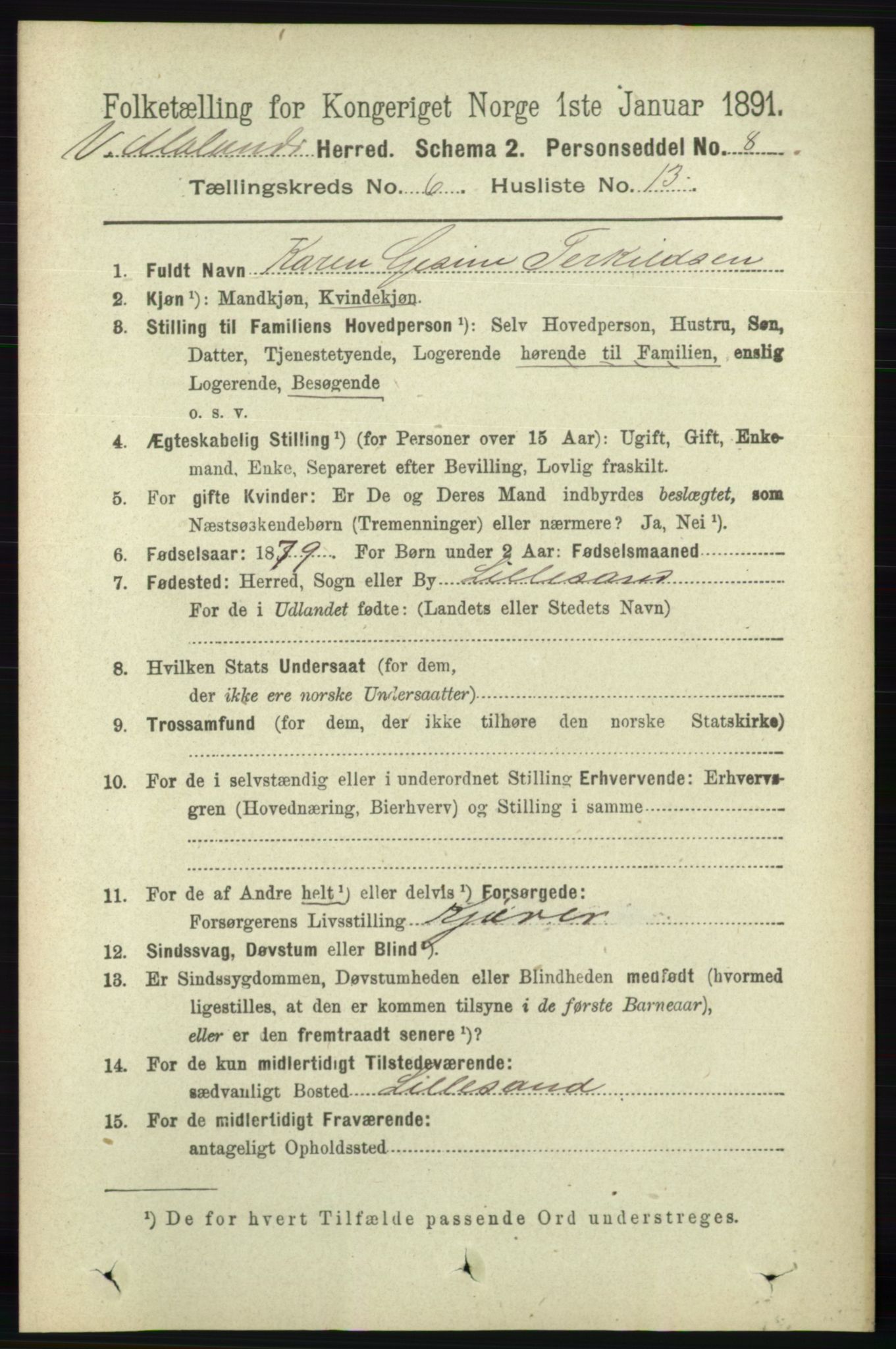 RA, 1891 census for 0926 Vestre Moland, 1891, p. 2409
