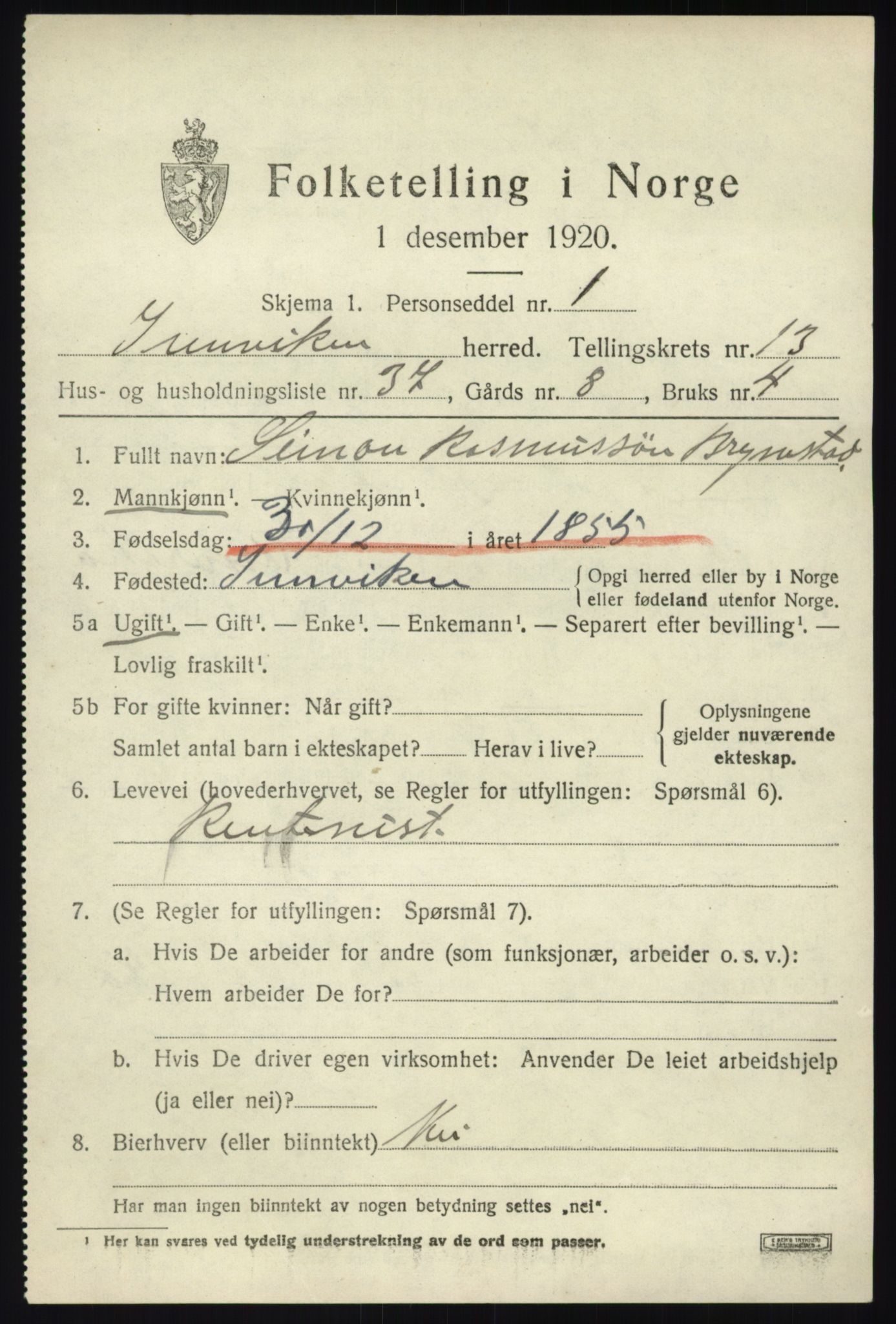 SAB, 1920 census for Innvik, 1920, p. 5543