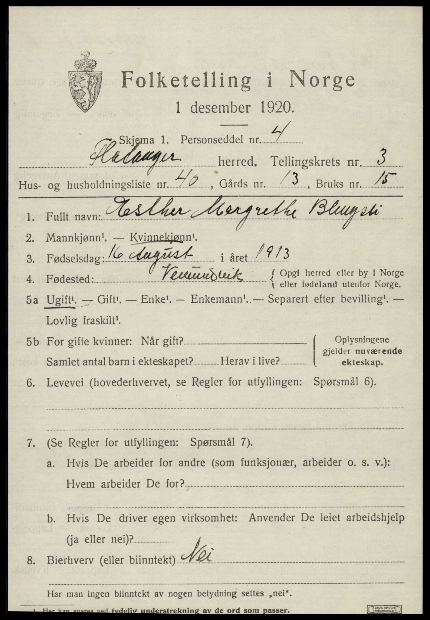 SAT, 1920 census for Flatanger, 1920, p. 2026