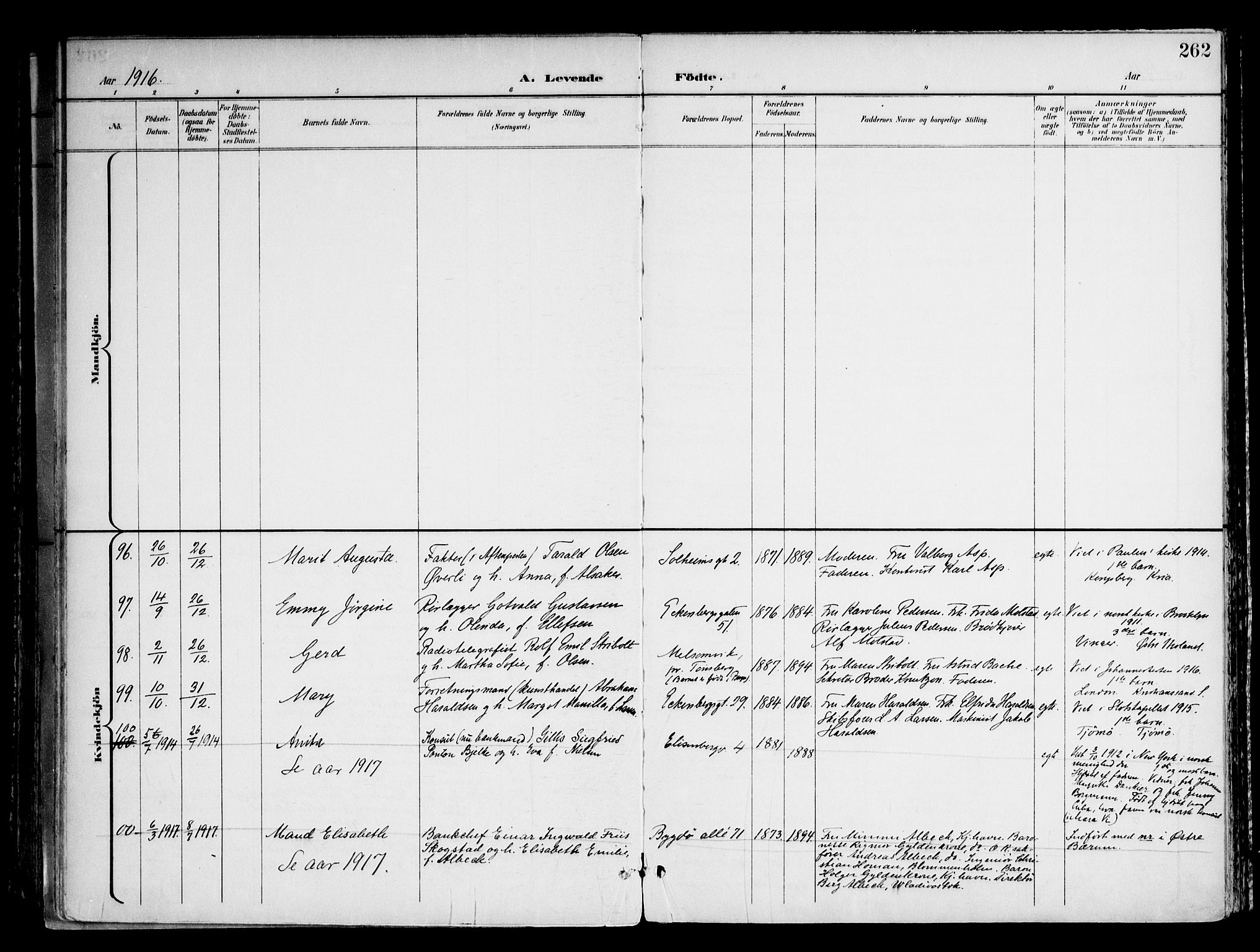 Frogner prestekontor Kirkebøker, AV/SAO-A-10886/F/Fa/L0002: Parish register (official) no. 2, 1897-1917, p. 262