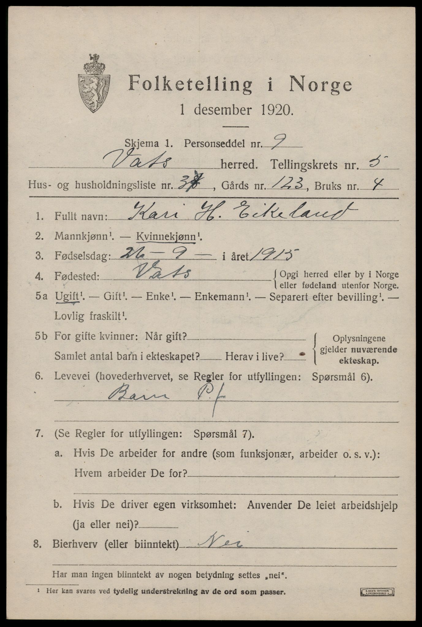 SAST, 1920 census for Vats, 1920, p. 2335