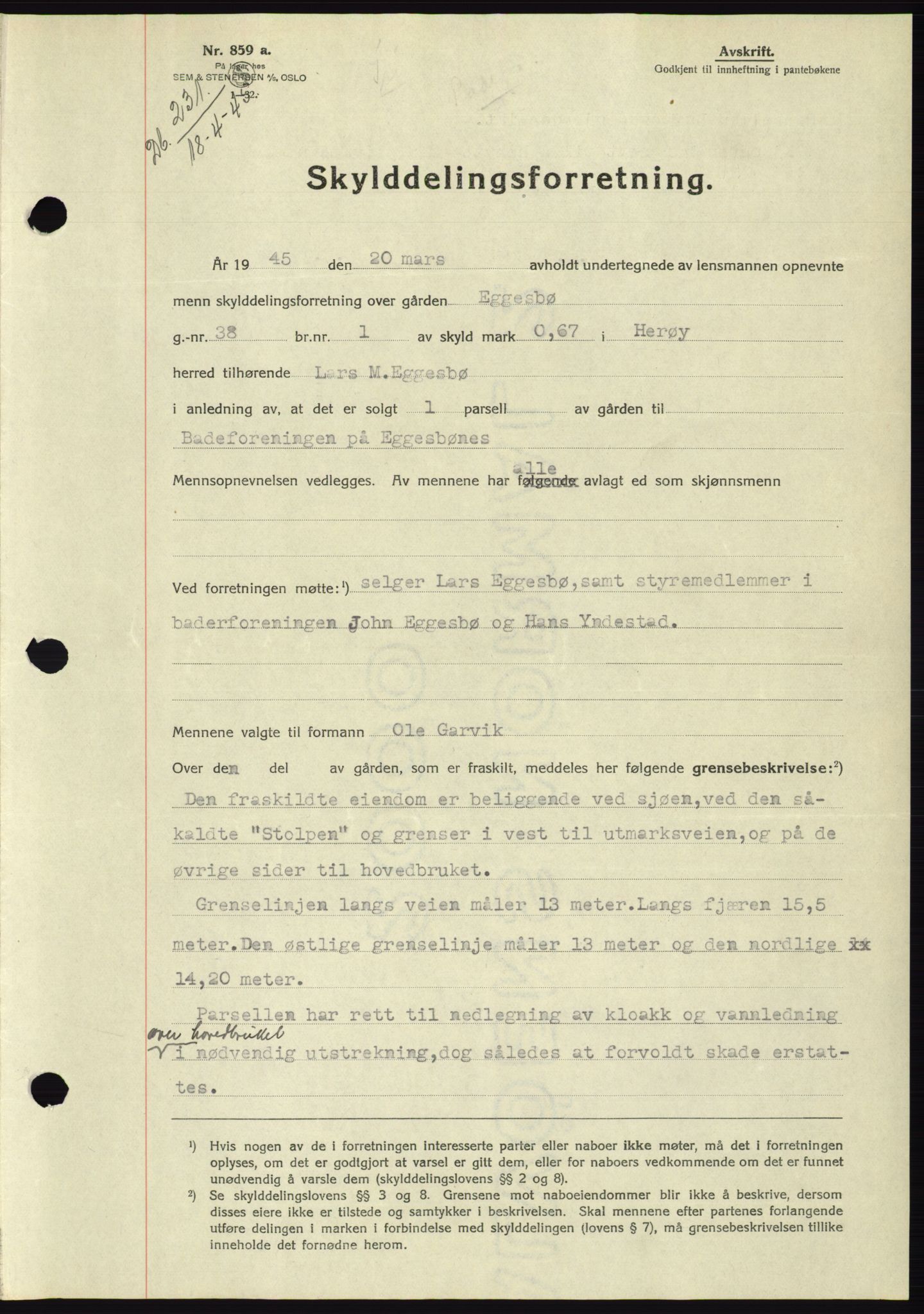 Søre Sunnmøre sorenskriveri, AV/SAT-A-4122/1/2/2C/L0077: Mortgage book no. 3A, 1945-1946, Diary no: : 231/1945