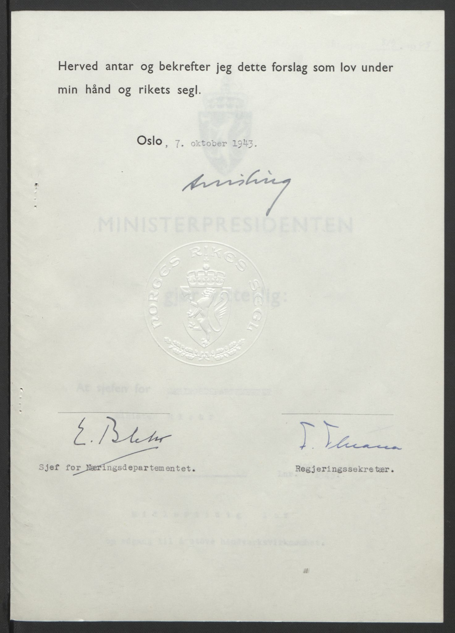 NS-administrasjonen 1940-1945 (Statsrådsekretariatet, de kommisariske statsråder mm), RA/S-4279/D/Db/L0099: Lover, 1943, p. 607
