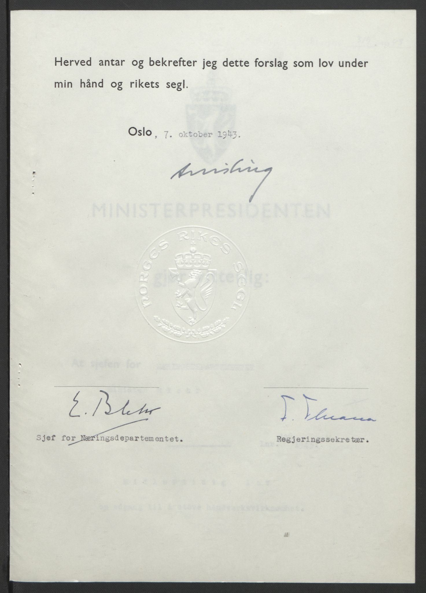 NS-administrasjonen 1940-1945 (Statsrådsekretariatet, de kommisariske statsråder mm), AV/RA-S-4279/D/Db/L0099: Lover, 1943, p. 607