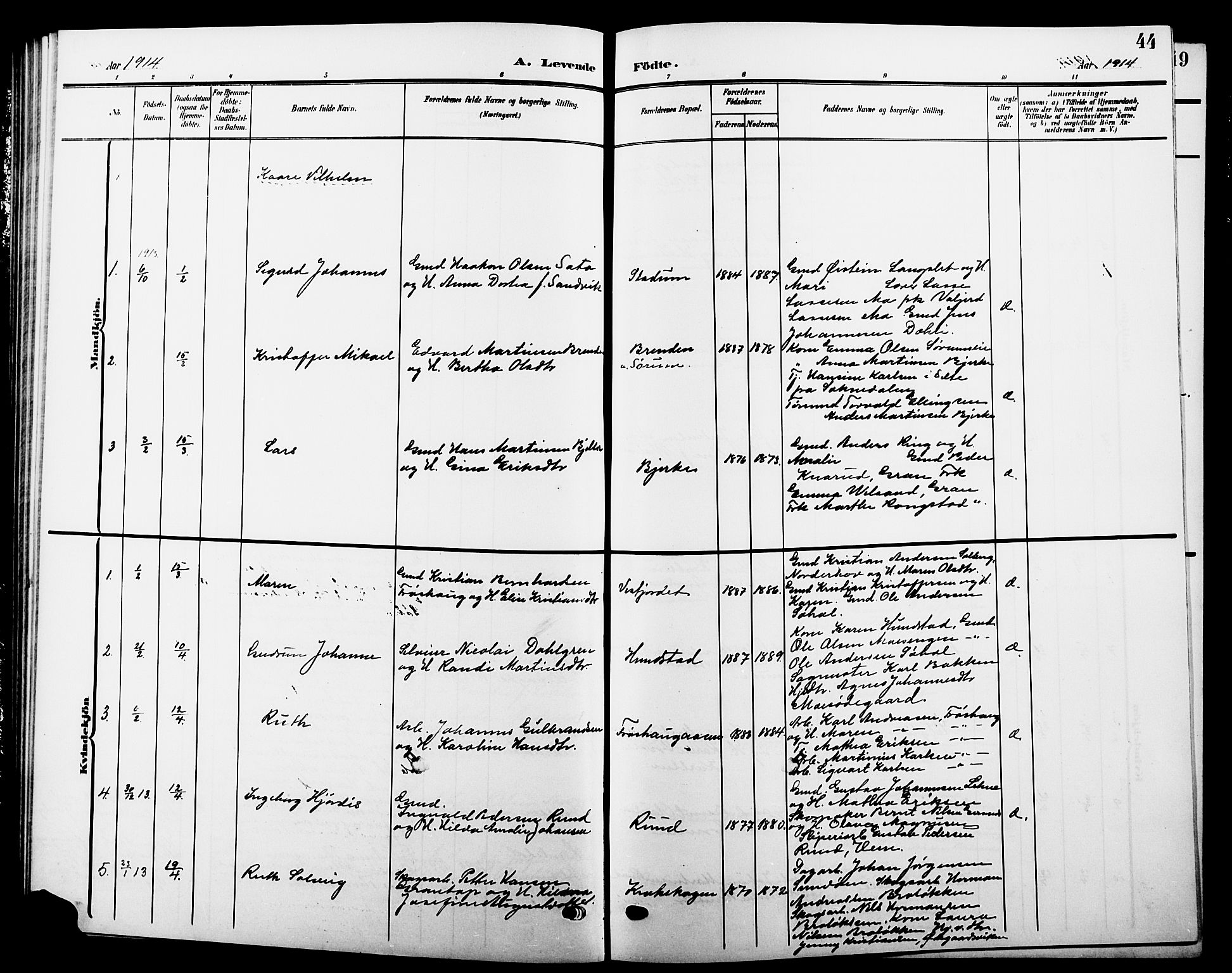 Hole kirkebøker, SAKO/A-228/G/Ga/L0004: Parish register (copy) no. I 4, 1905-1924, p. 44