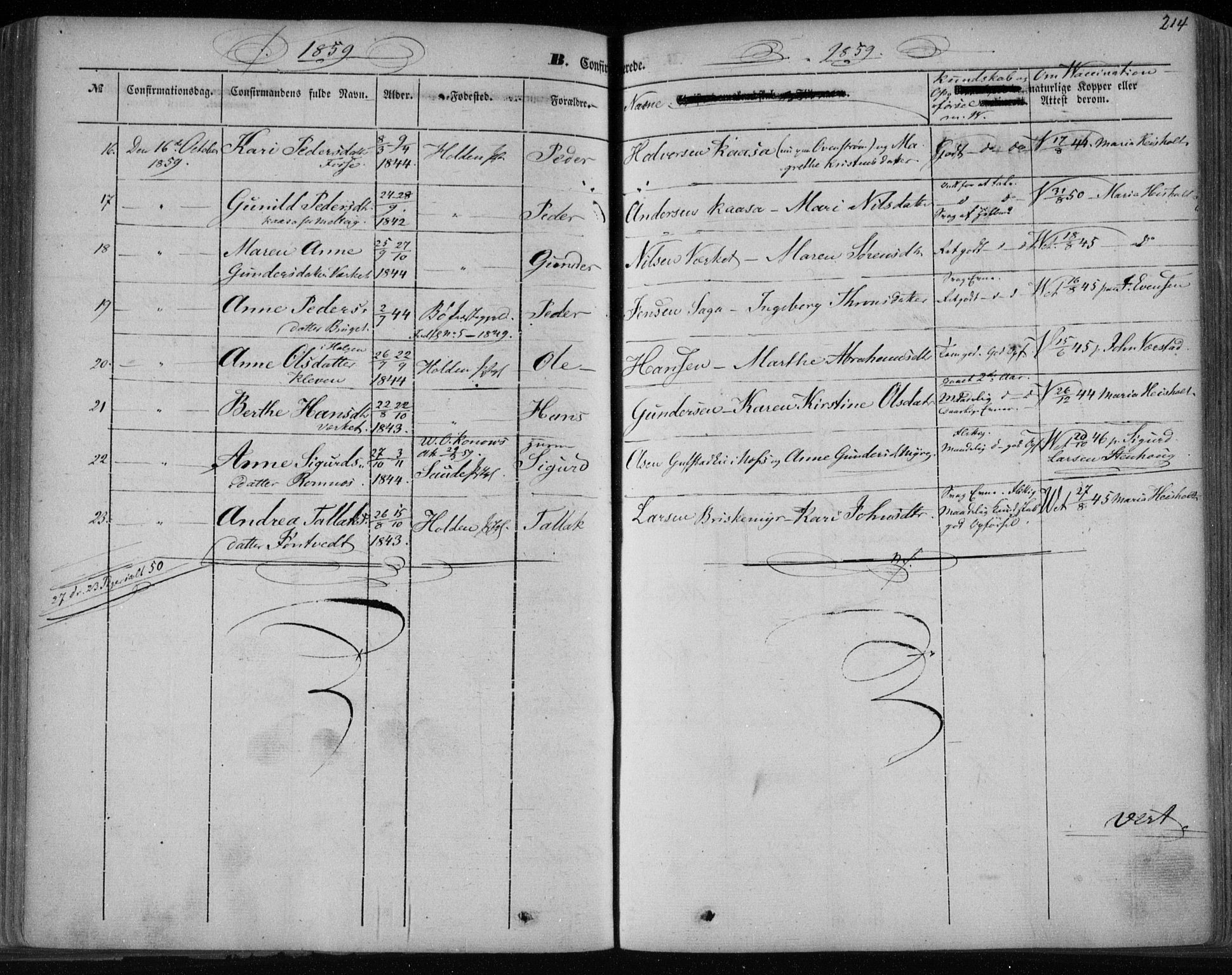 Holla kirkebøker, SAKO/A-272/F/Fa/L0005: Parish register (official) no. 5, 1849-1860, p. 214