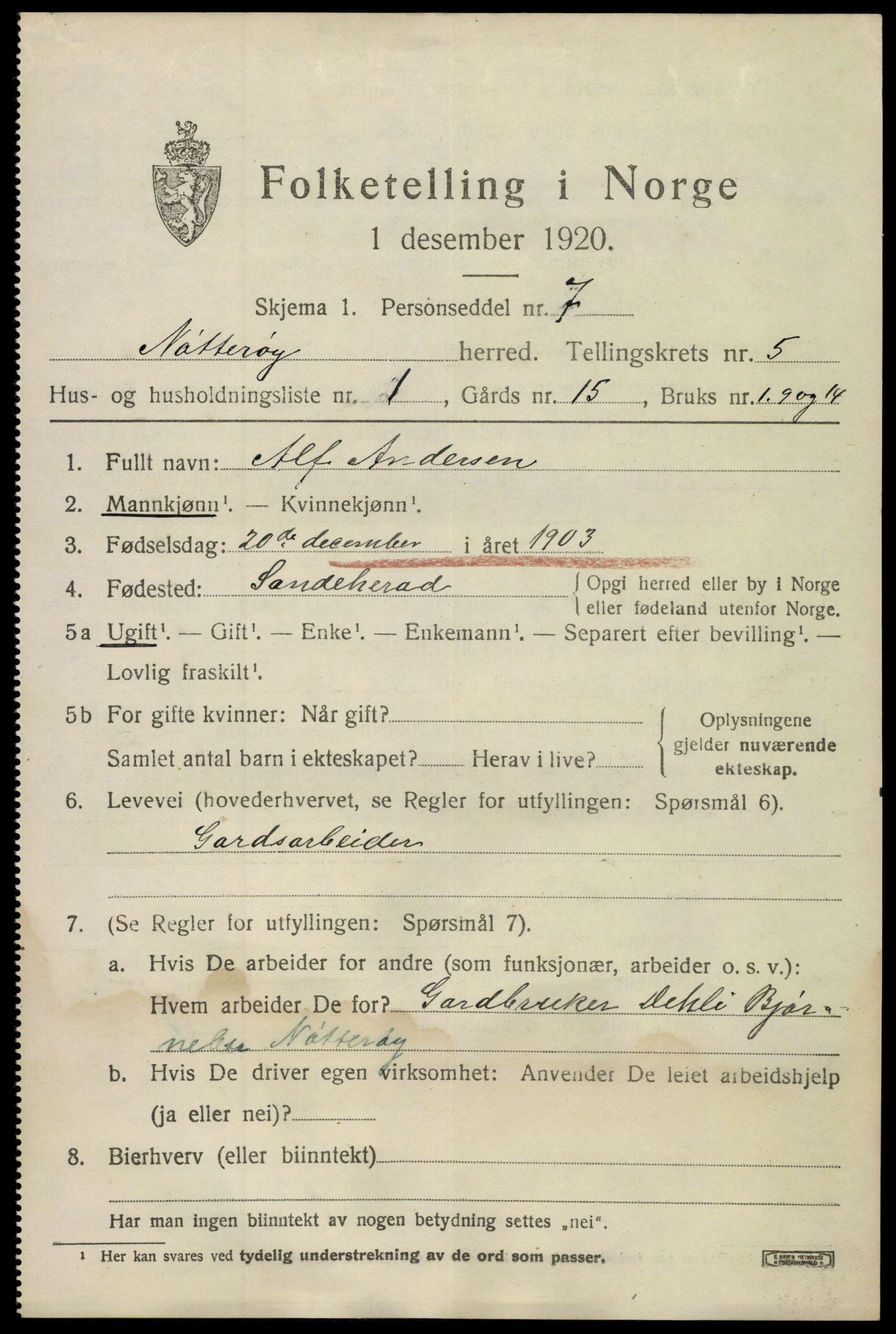 SAKO, 1920 census for Nøtterøy, 1920, p. 7579