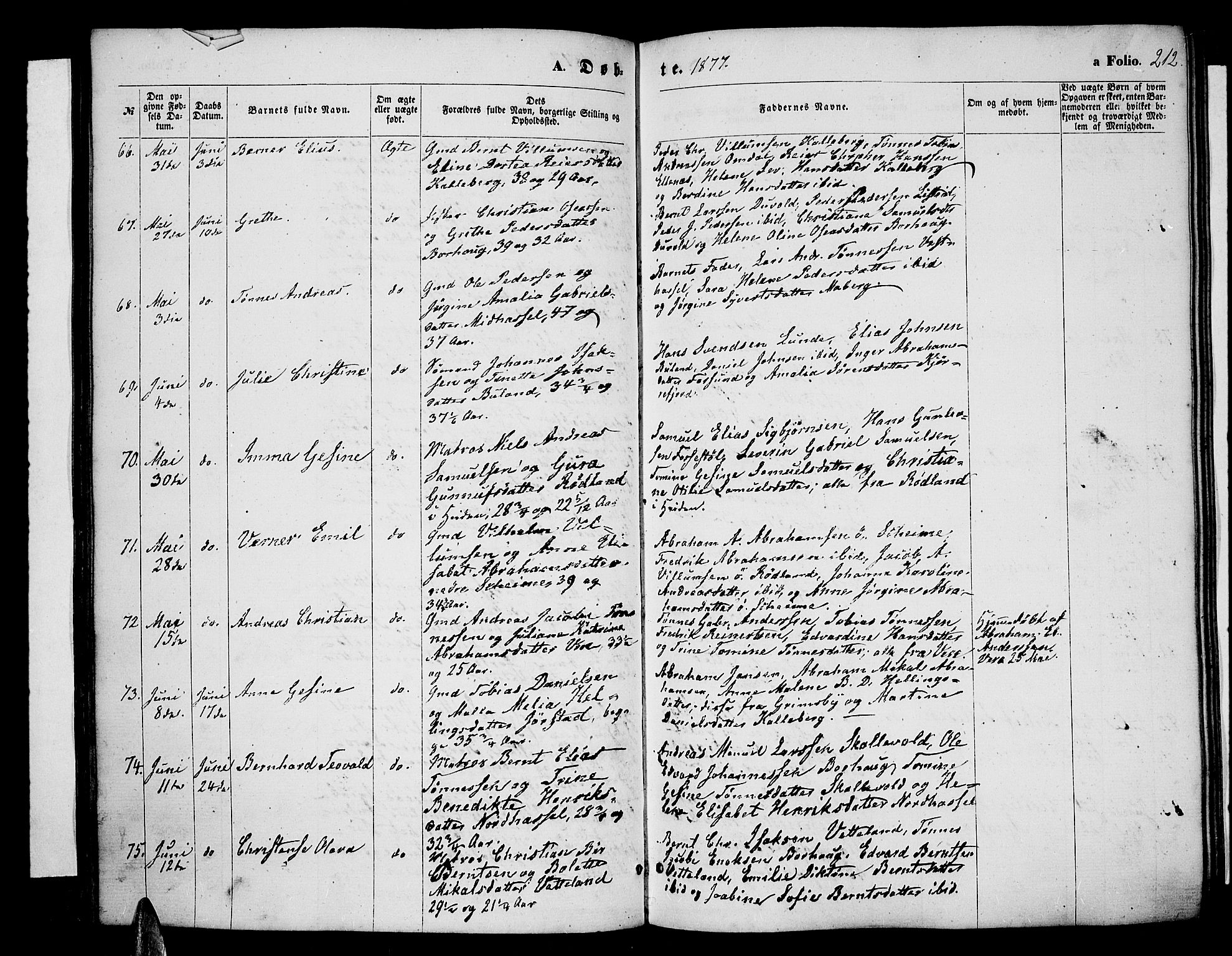 Lista sokneprestkontor, AV/SAK-1111-0027/F/Fb/L0003: Parish register (copy) no. B 3, 1862-1877, p. 212