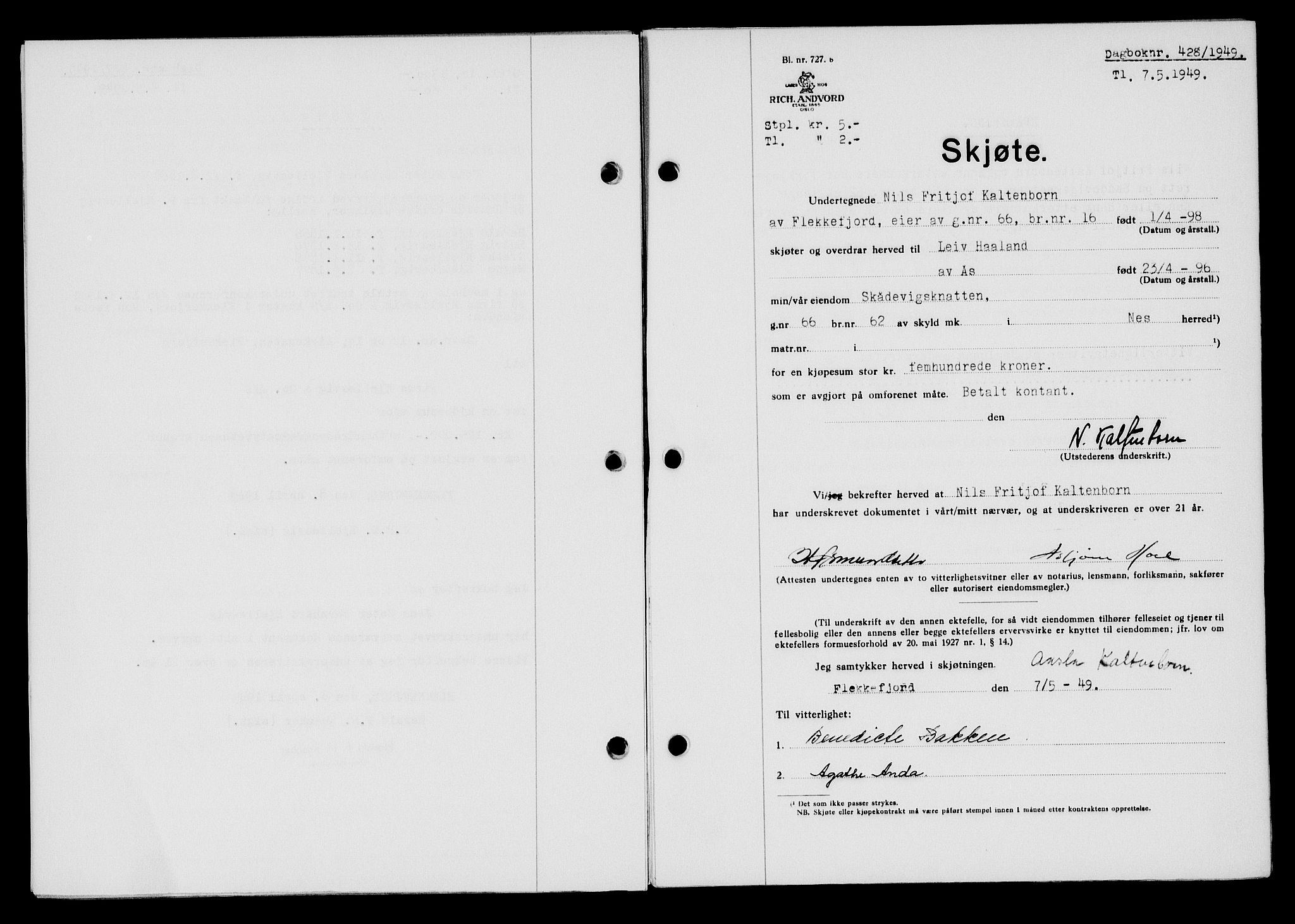 Flekkefjord sorenskriveri, SAK/1221-0001/G/Gb/Gba/L0065: Mortgage book no. A-13, 1949-1949, Diary no: : 428/1949