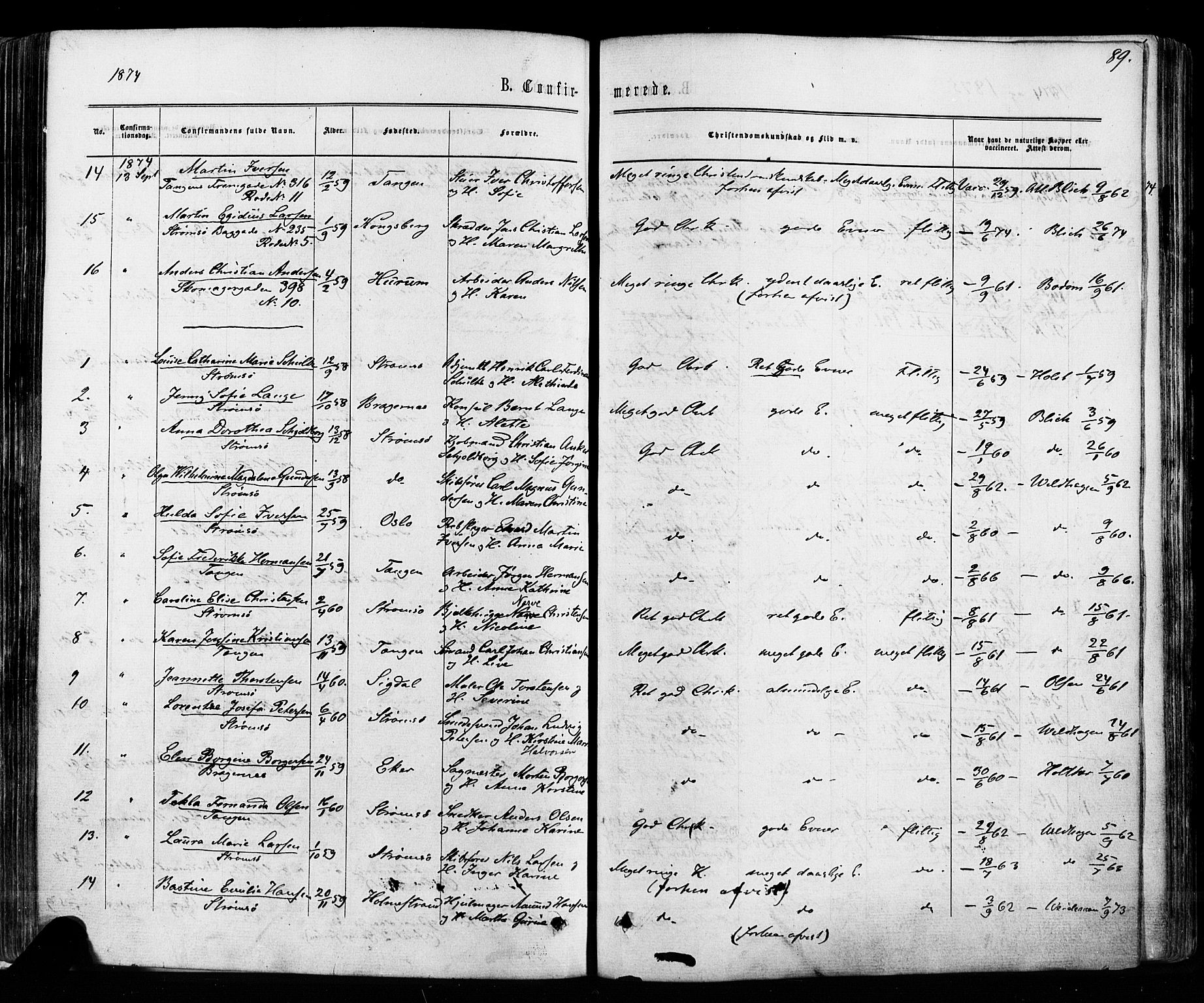 Strømsø kirkebøker, SAKO/A-246/F/Fa/L0018: Parish register (official) no. I 18, 1865-1878, p. 89