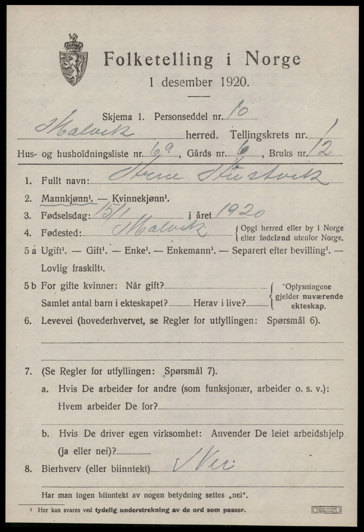 SAT, 1920 census for Malvik, 1920, p. 1450