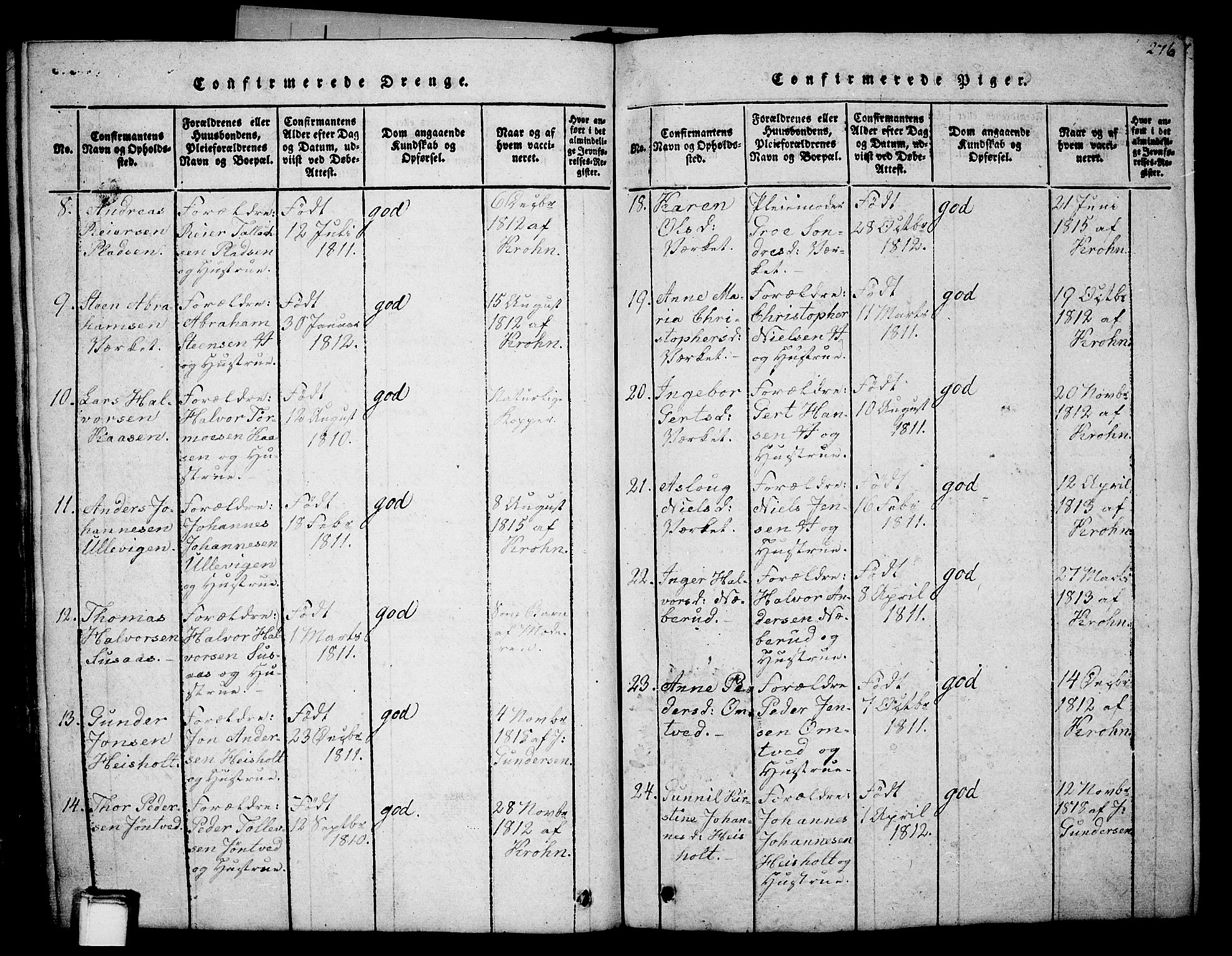 Holla kirkebøker, AV/SAKO-A-272/G/Ga/L0001: Parish register (copy) no. I 1, 1814-1830, p. 276